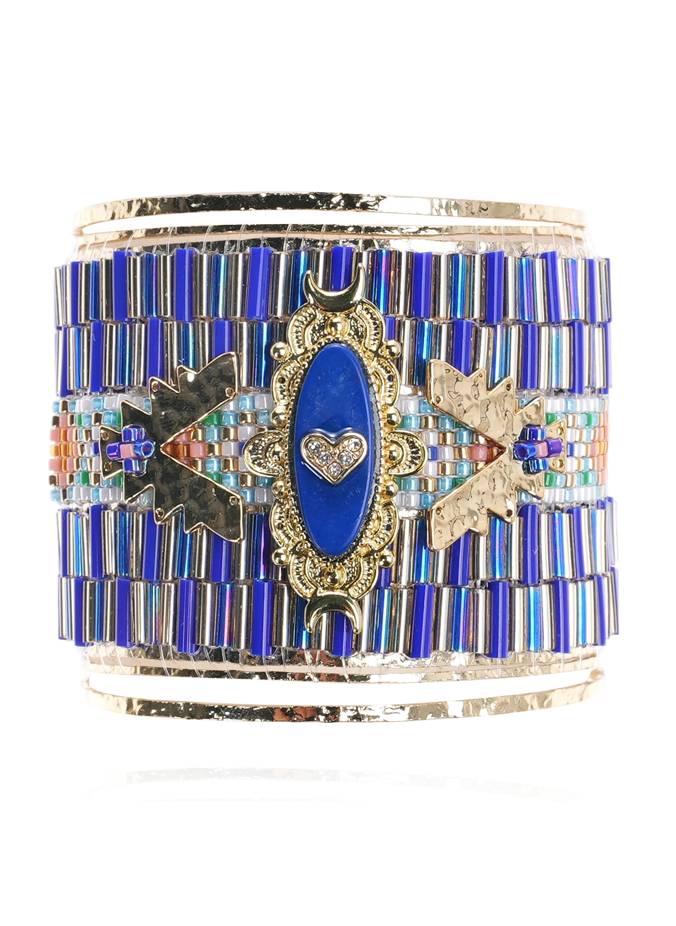 Bracelet jonc martelé avec perles tissées et cabochon central zellige HIPANEMA Bleu