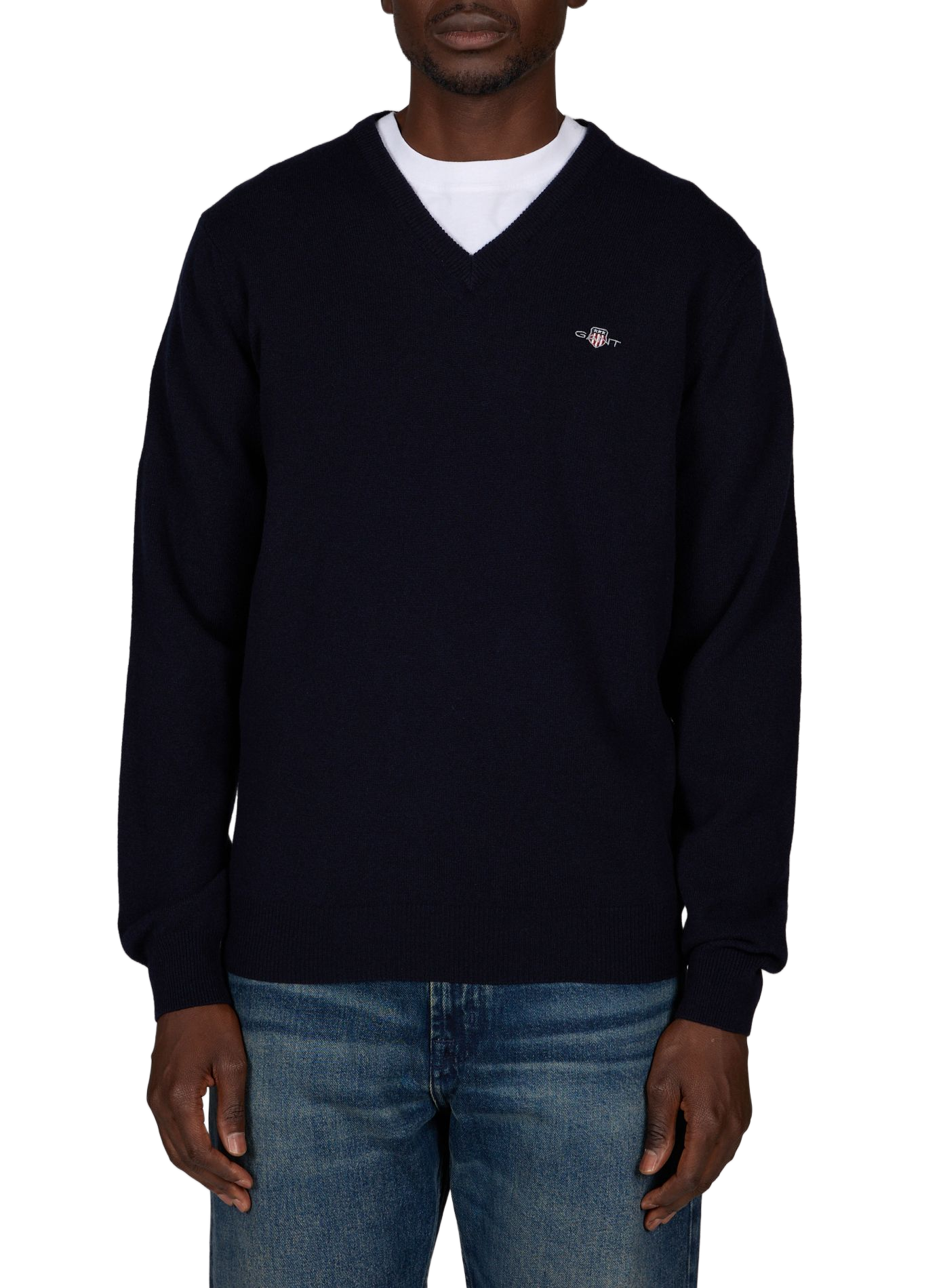Pull droit à col V en laine mérinos GANT Bleu
