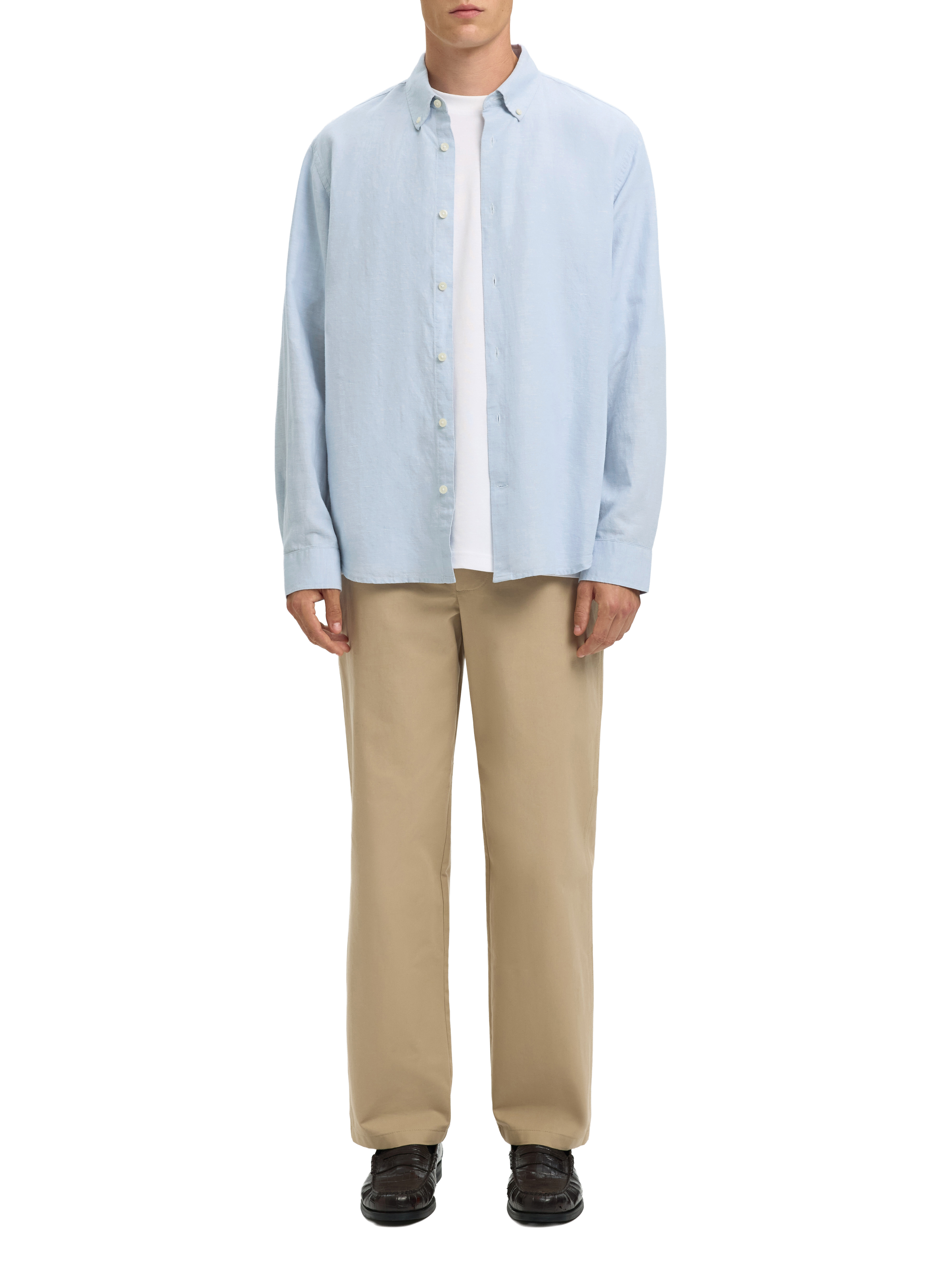 Solid shirt with a button-down collar in linen and cotton SELECTED Blue