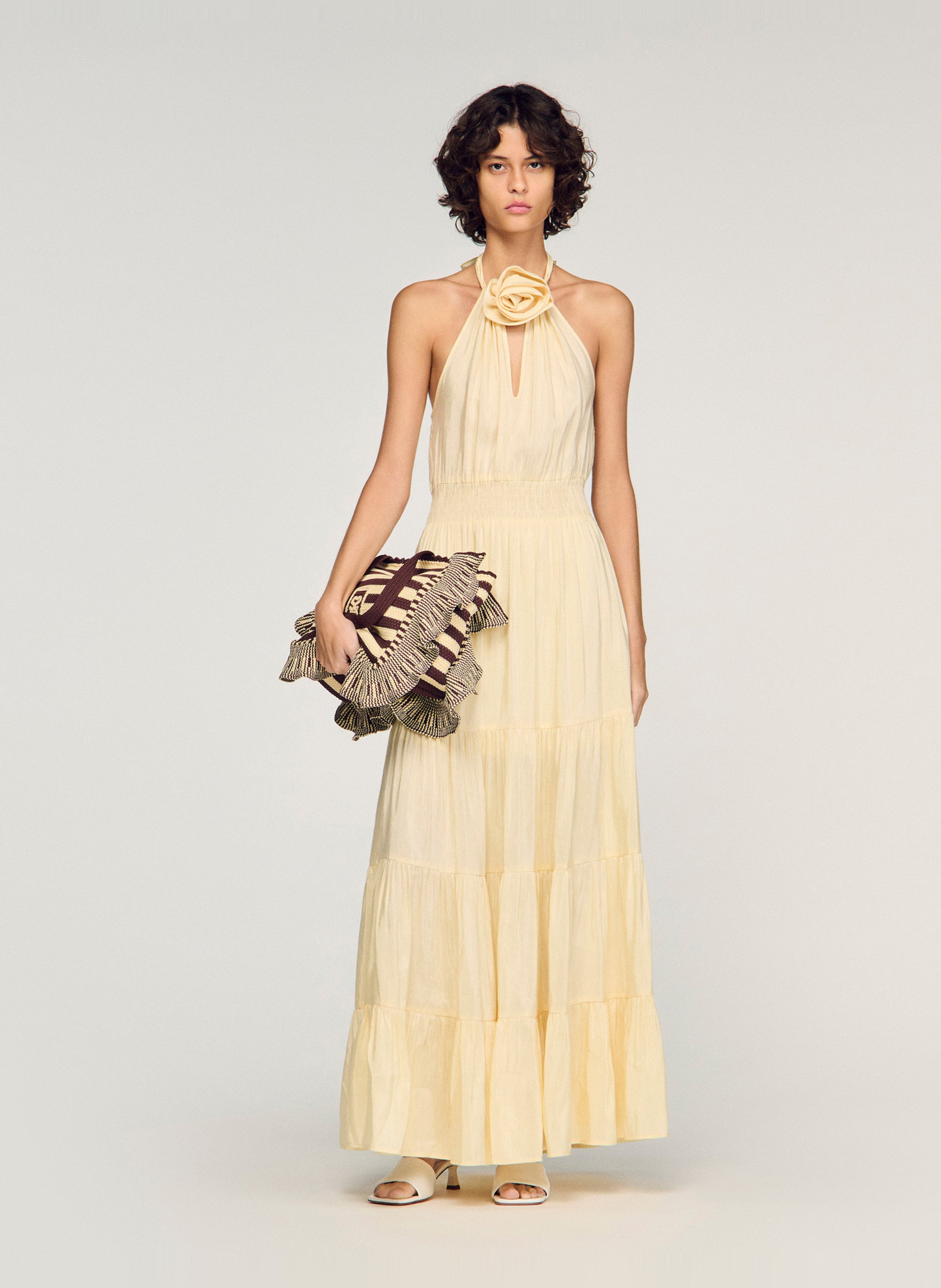 Robe longue cintrée en lin mélangé SANDRO Beige