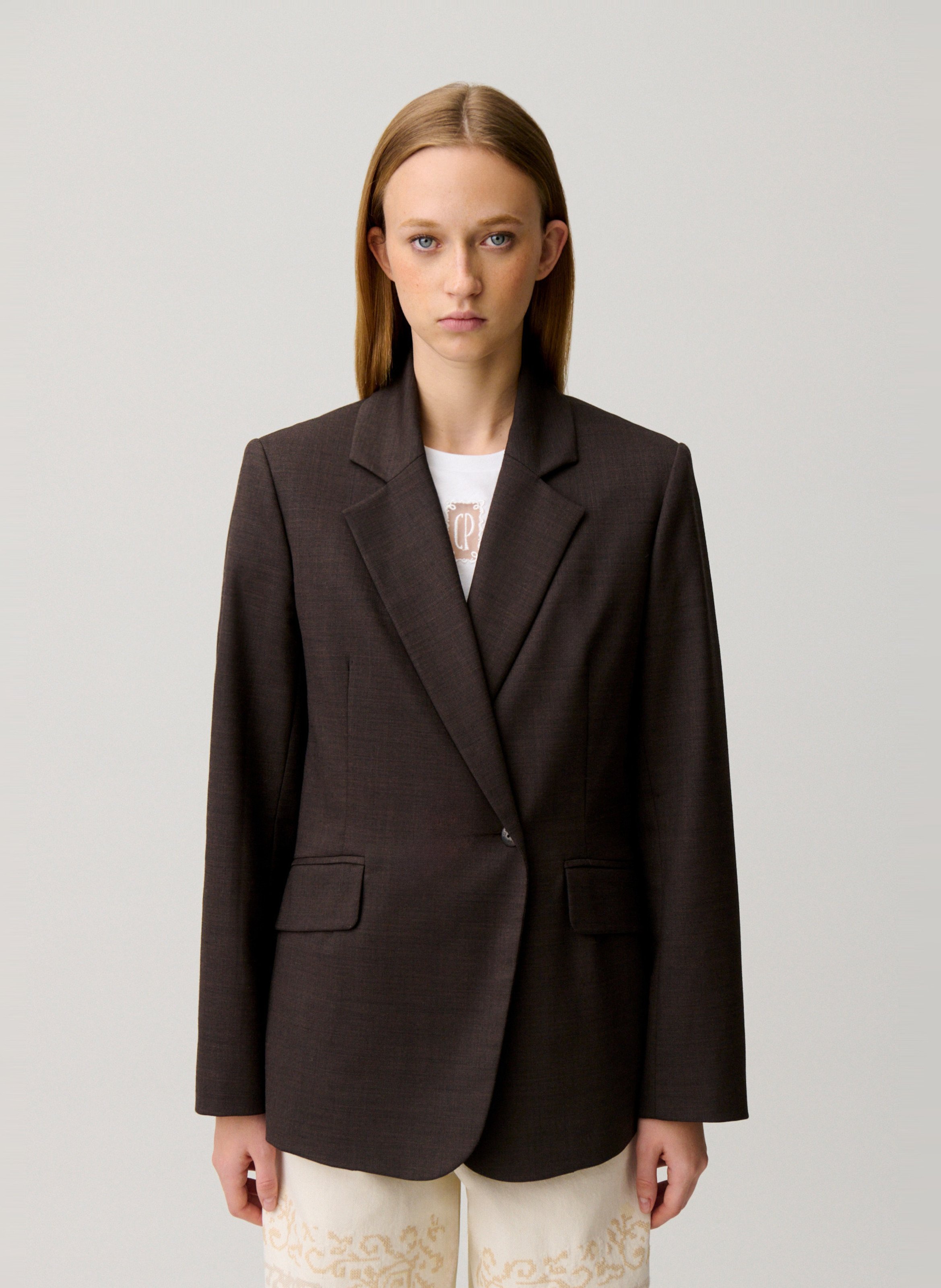 Veste tailleur droite unie en laine mélangée villagabis CLAUDIE PIERLOT Marron