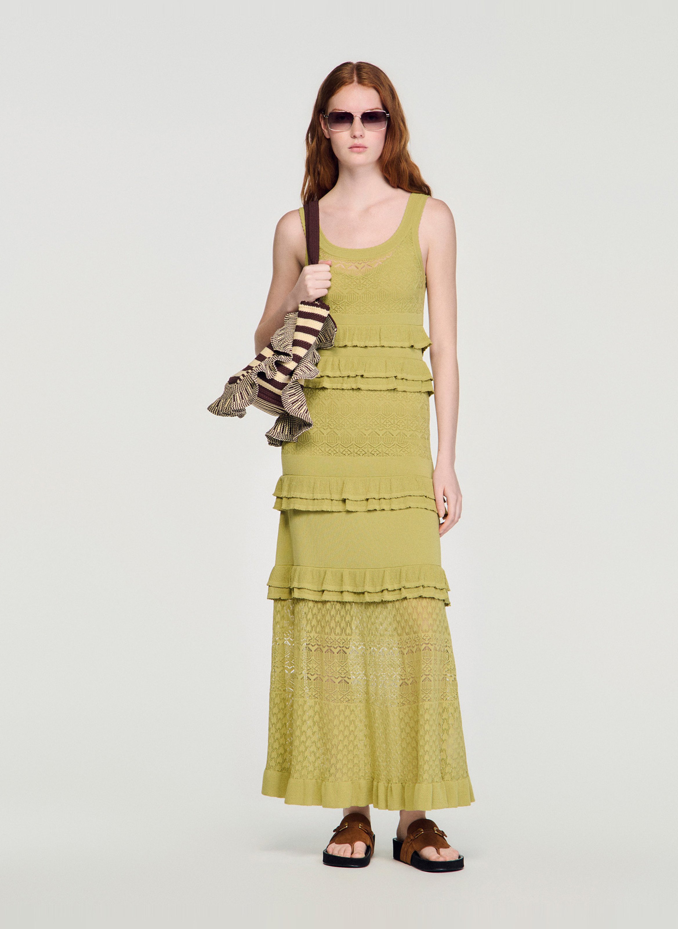 Robe longue ajustée à volants SANDRO Vert