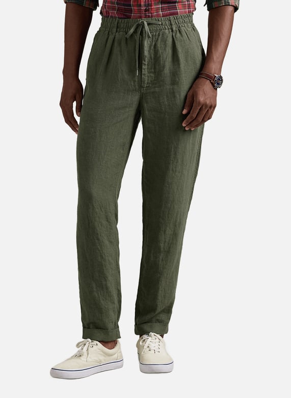 Khaki Wide-leg linen trousers with drawstring - Main Image