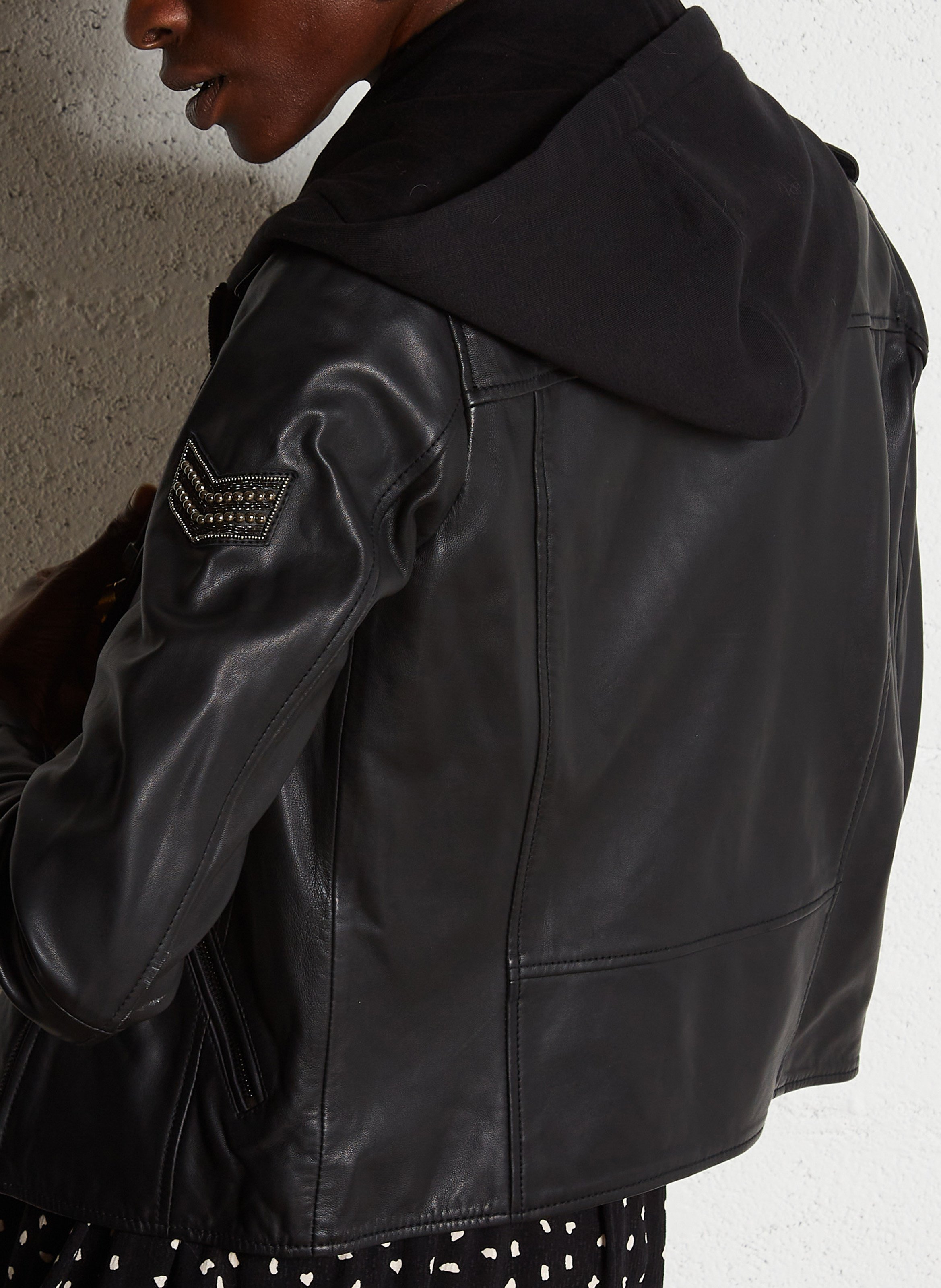 Blouson à capuche en cuir IKKS Noir