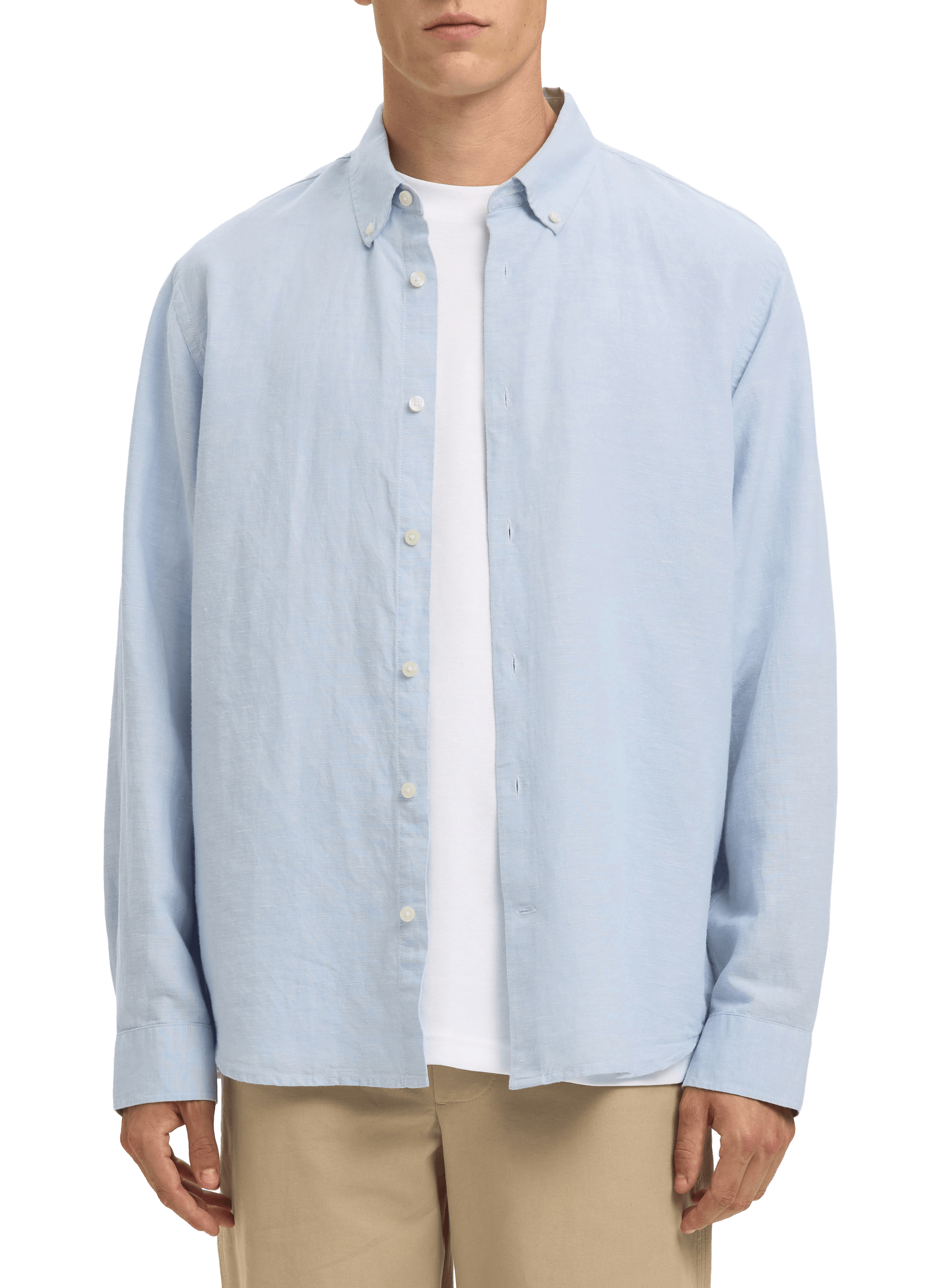 Solid shirt with a button-down collar in linen and cotton SELECTED Blue