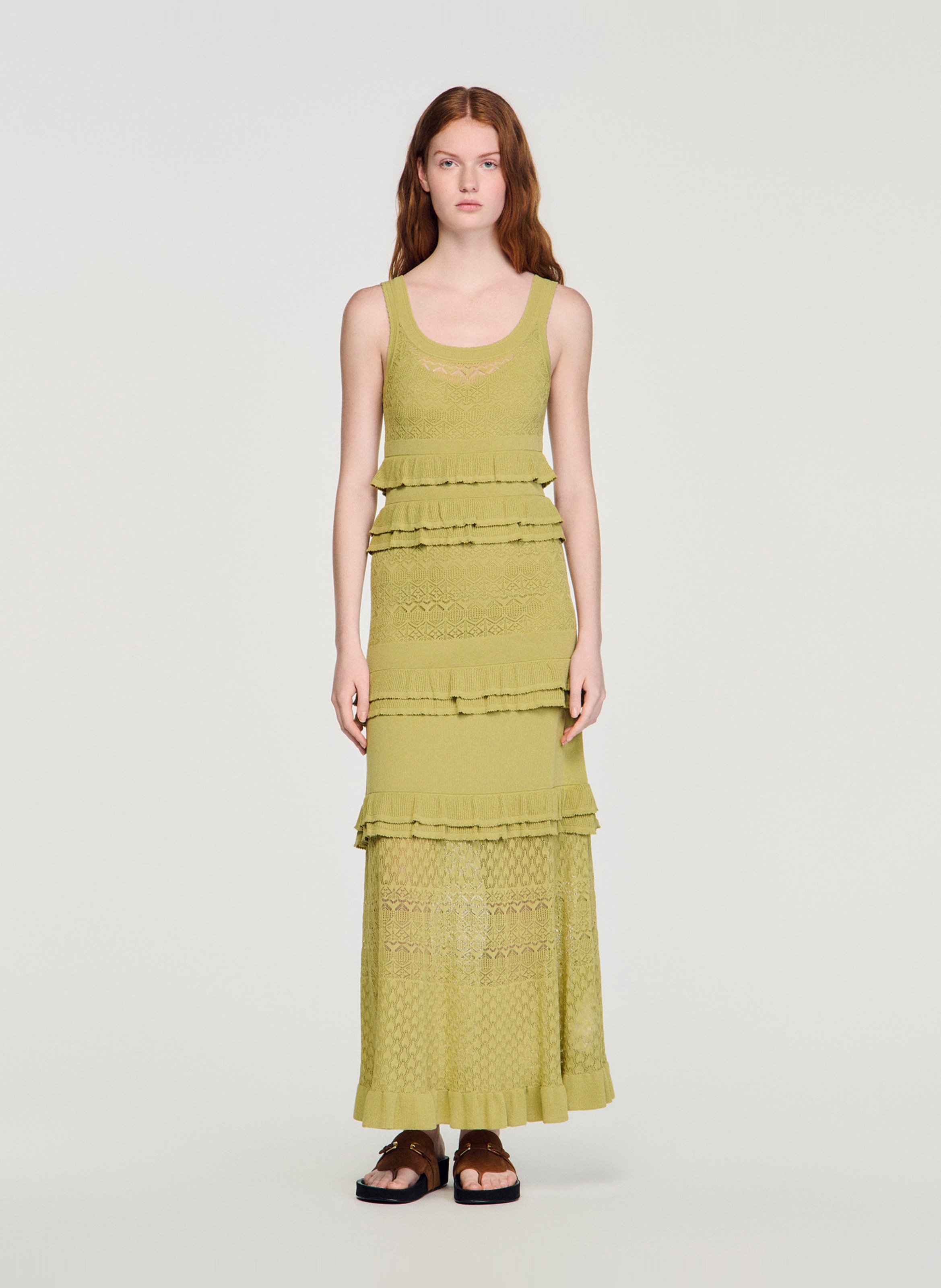 Robe longue ajustée à volants SANDRO Vert