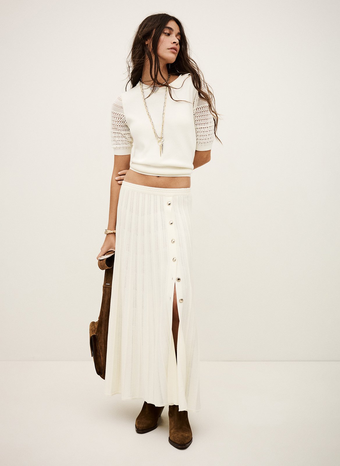 Jupe longue plissée en coton bio mélangé sindy BA&SH Beige