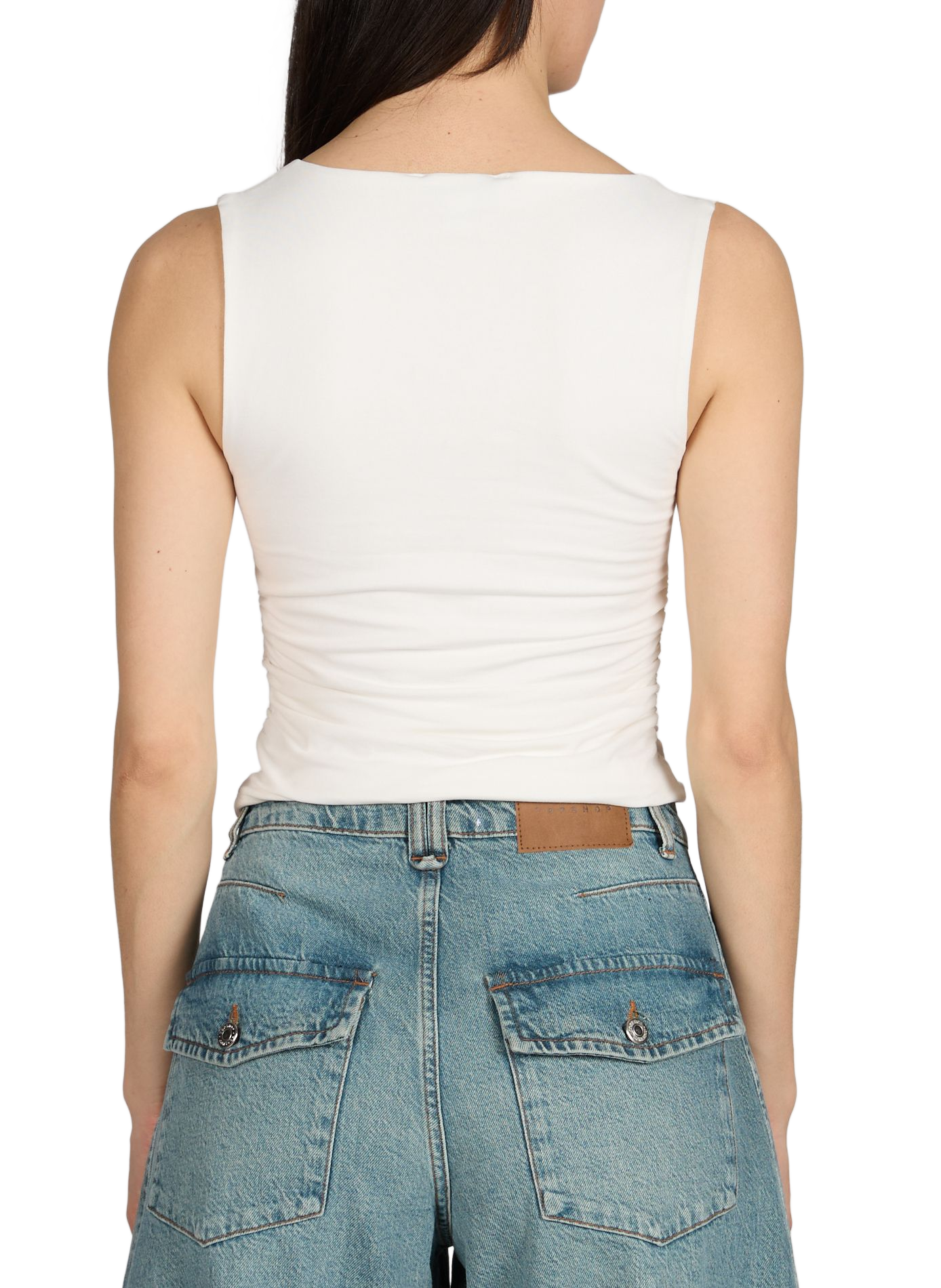 Ruched V-neck Top in Cotton Blend TOPSHOP Beige