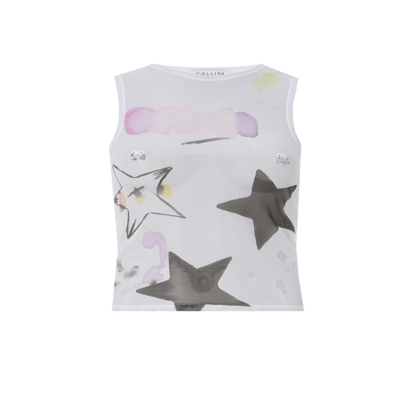 Collina Strada Printed Sleeveless Mesh Top In White