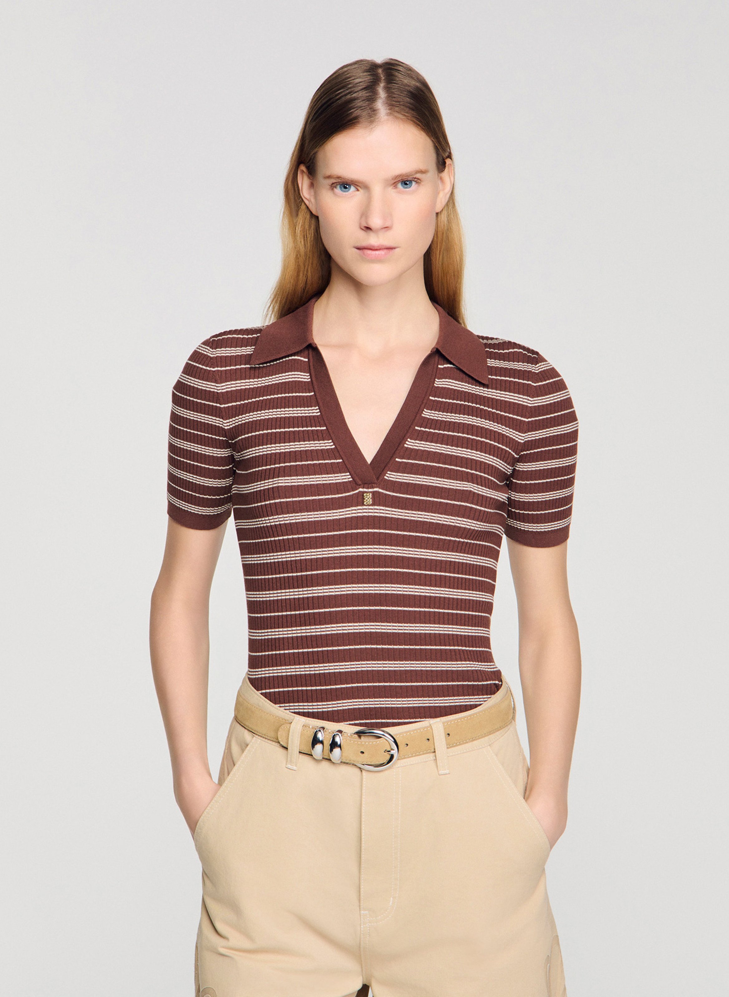 Polo droit rayé SANDRO Marron