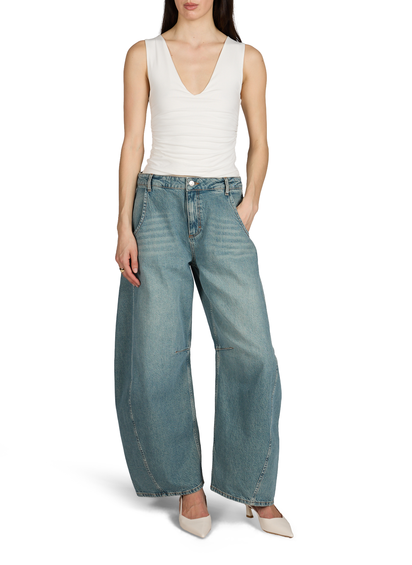 Ruched V-neck Top in Cotton Blend TOPSHOP Beige