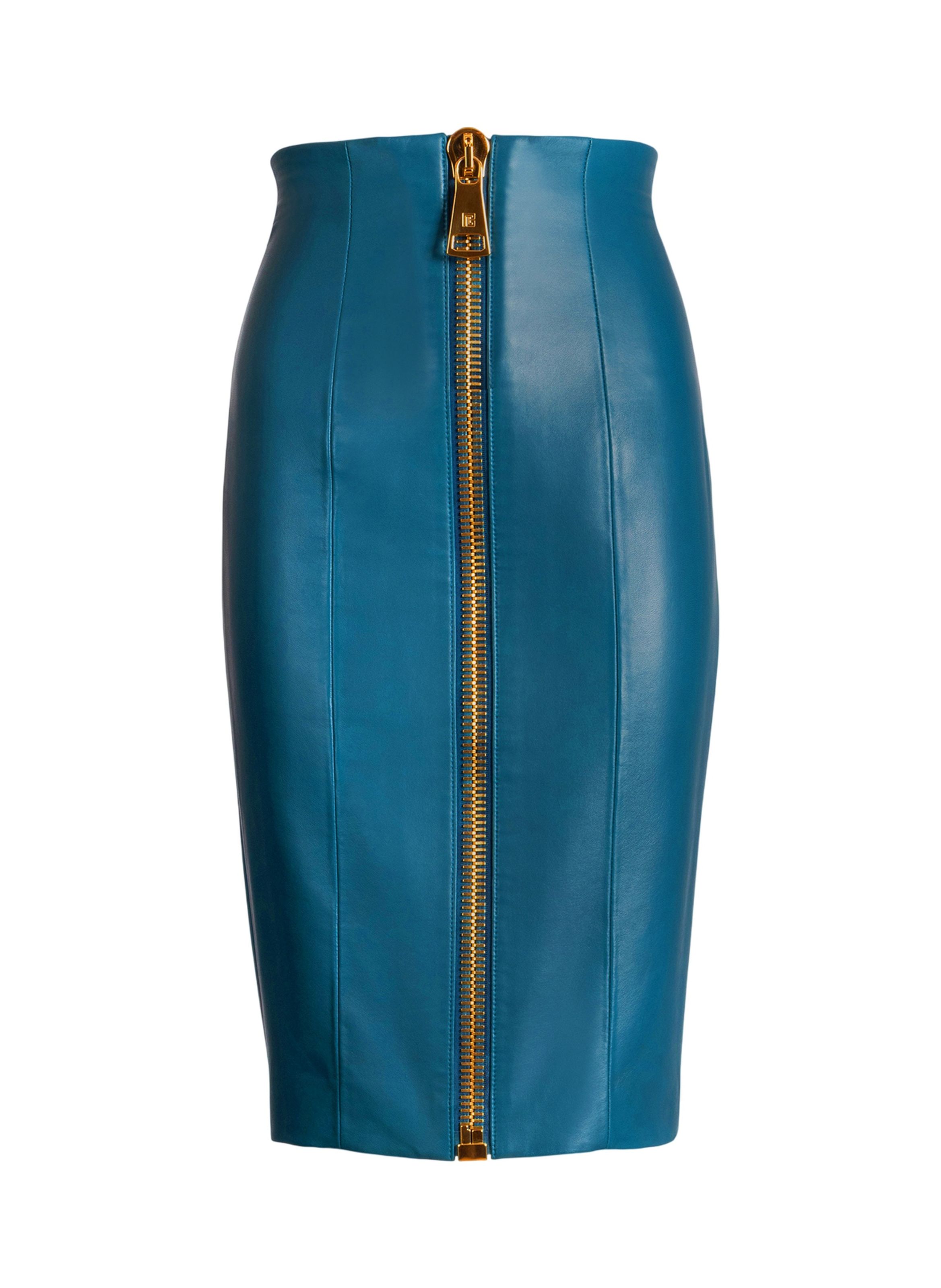 Jupe zippée en cuir d’agneau BALMAIN Bleu