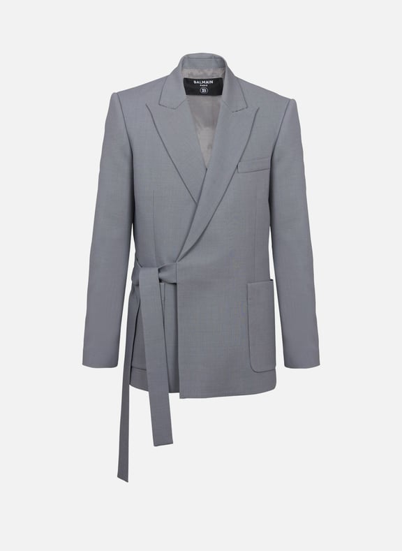 Veste asymétrique ceinturée en double crêpe Gris by BALMAIN BALMAIN Veste asymétrique ceinturée en double crêpe Gris