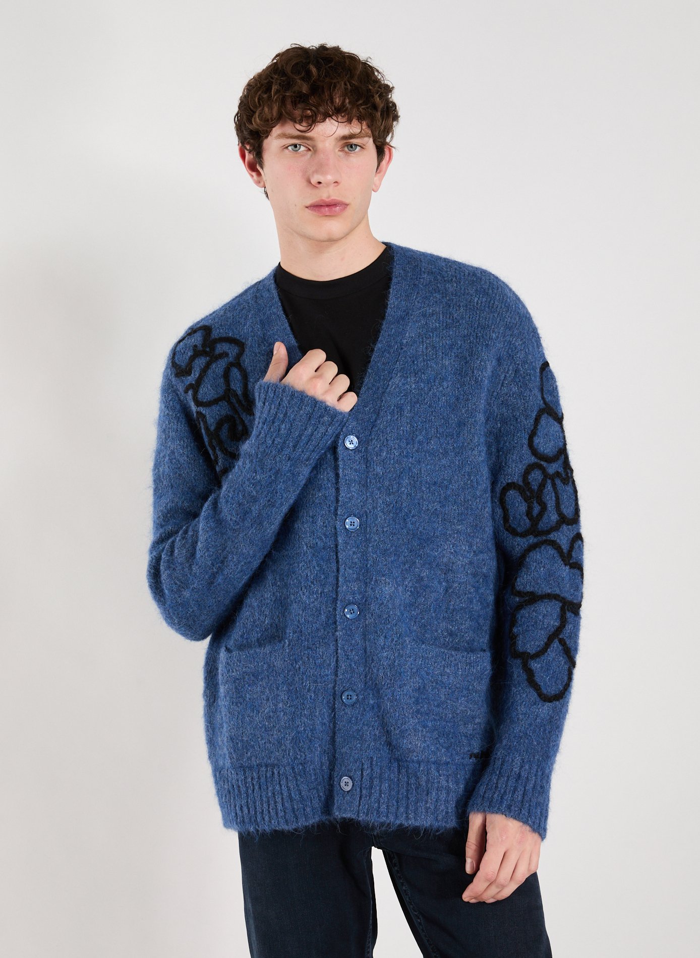 NN.07 Cardigan Kyle bordé en alpaga mélangé Bleu