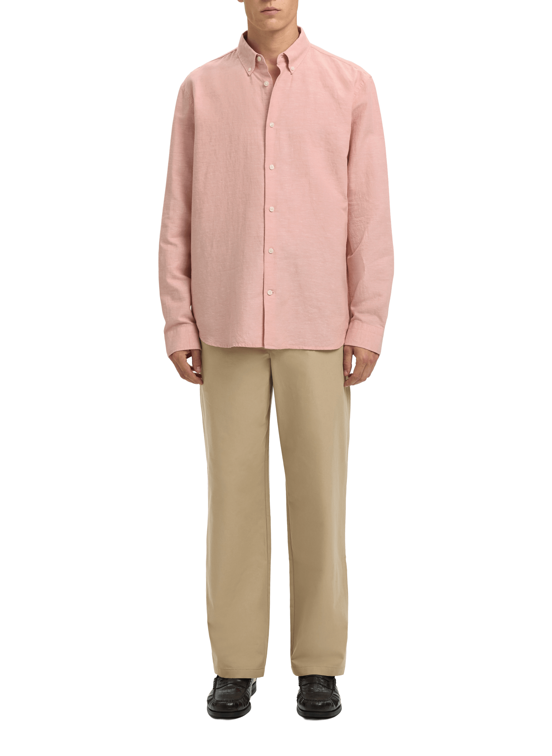 Solid shirt with a button-down collar in linen and cotton SELECTED Pink