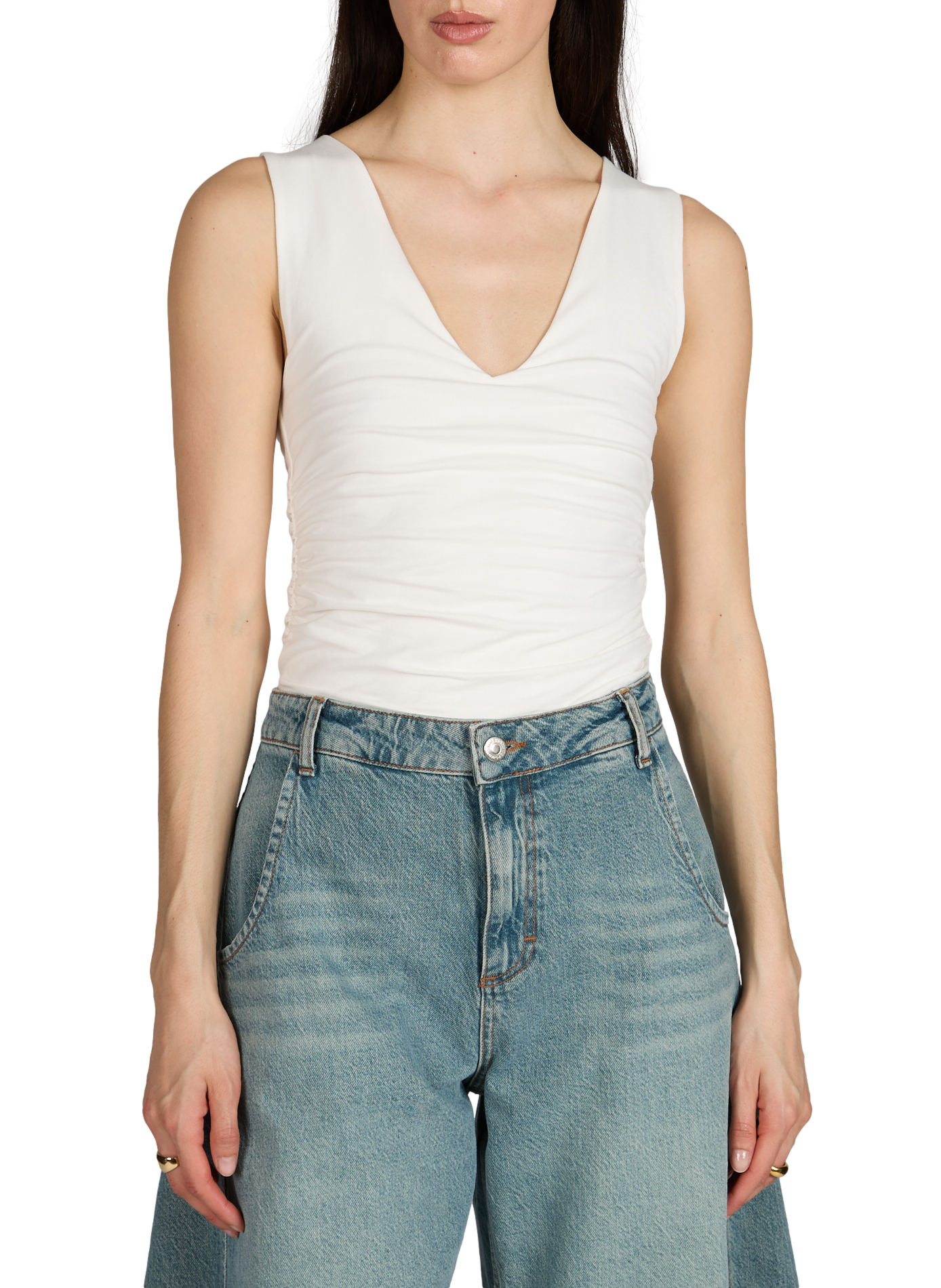 Ruched V-neck Top in Cotton Blend TOPSHOP Beige