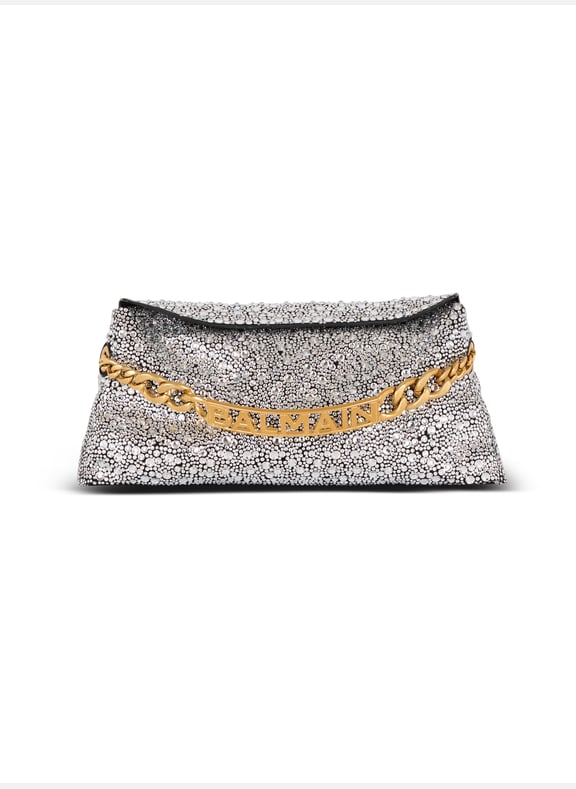 Pochette 1945 soft en cuir suédé et strass Argent by BALMAIN BALMAIN Pochette 1945 soft en cuir suédé et strass Argent