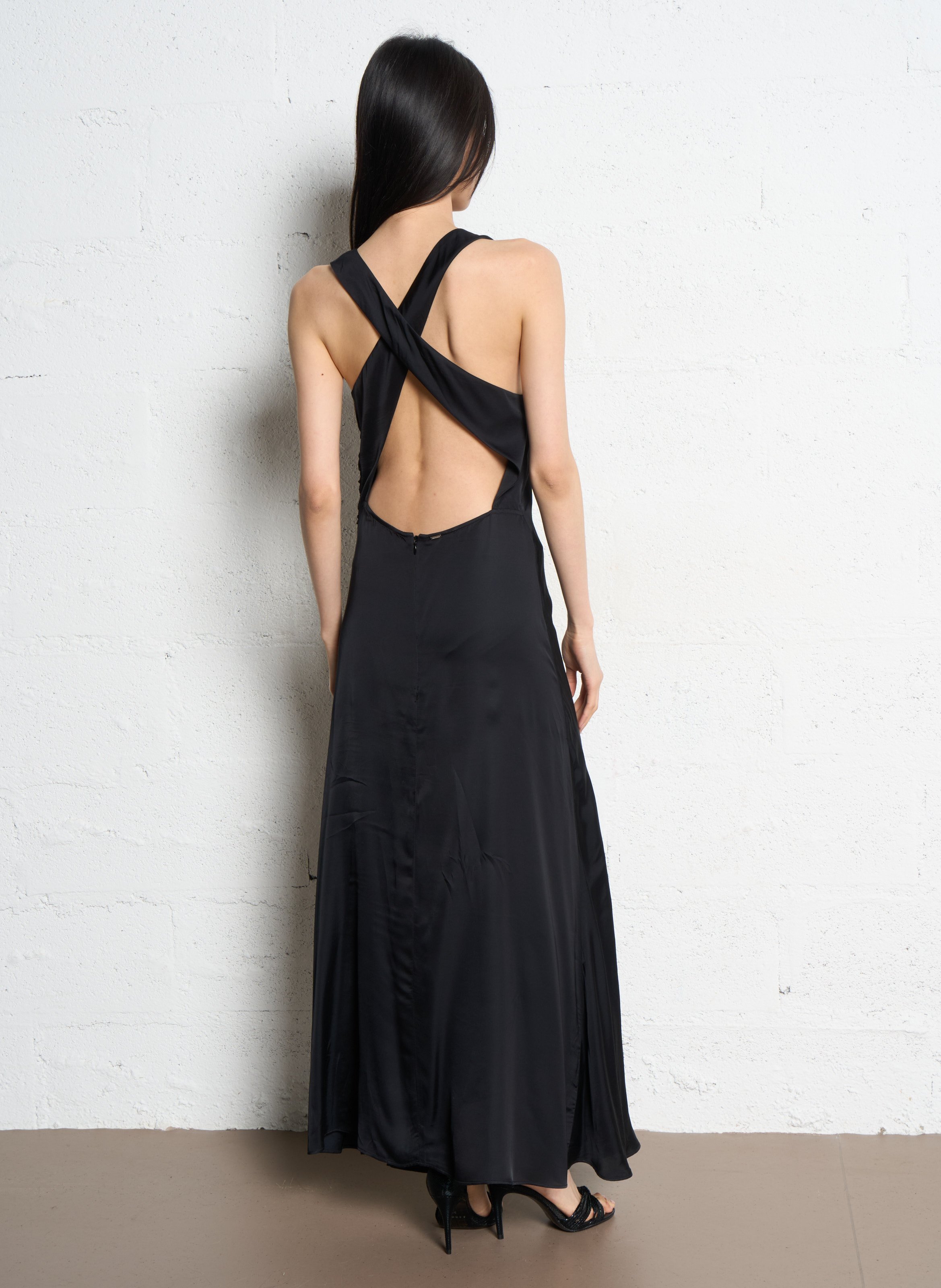 Robe longue col rond satinée IKKS Noir