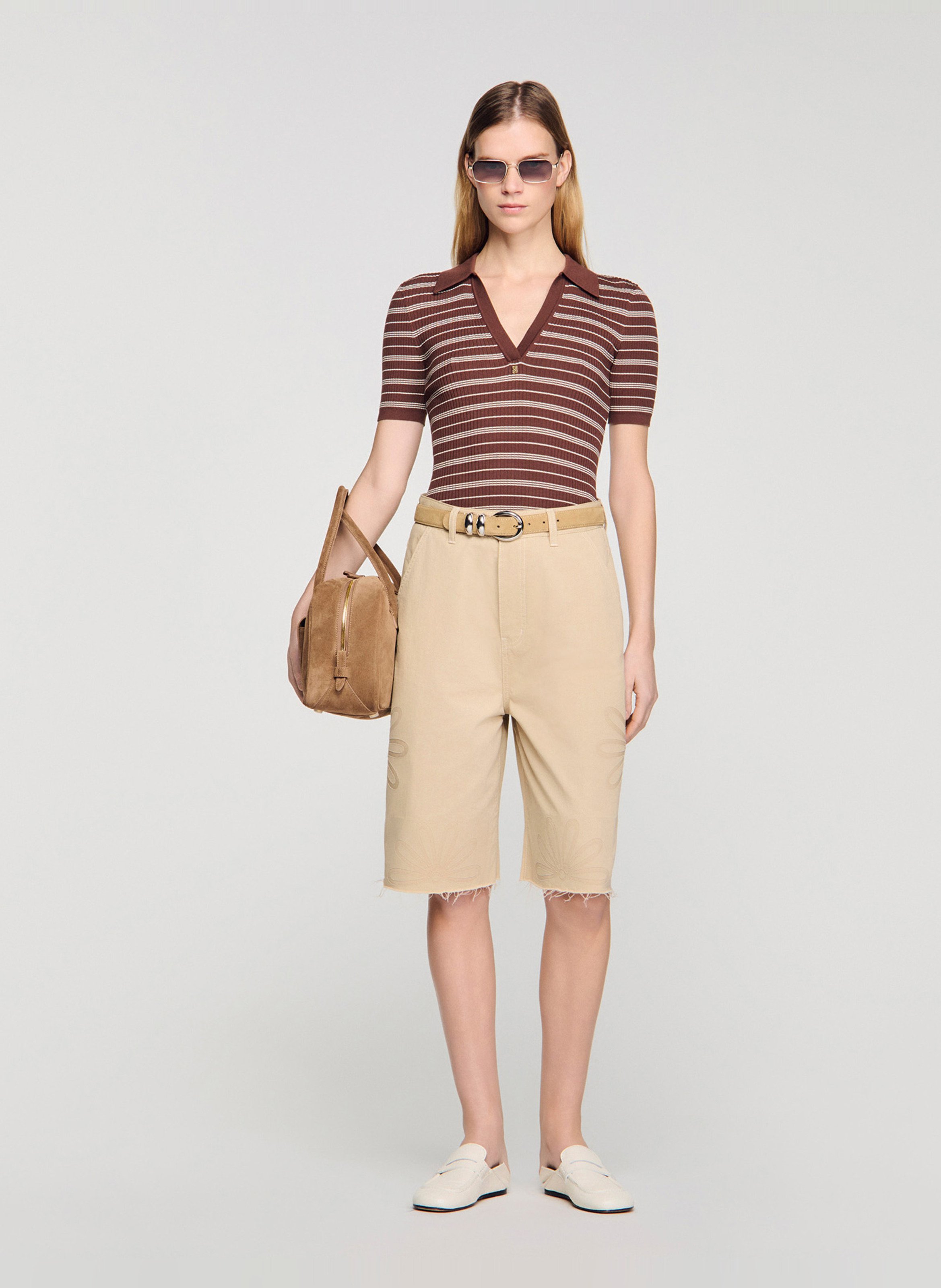 Polo droit rayé SANDRO Marron