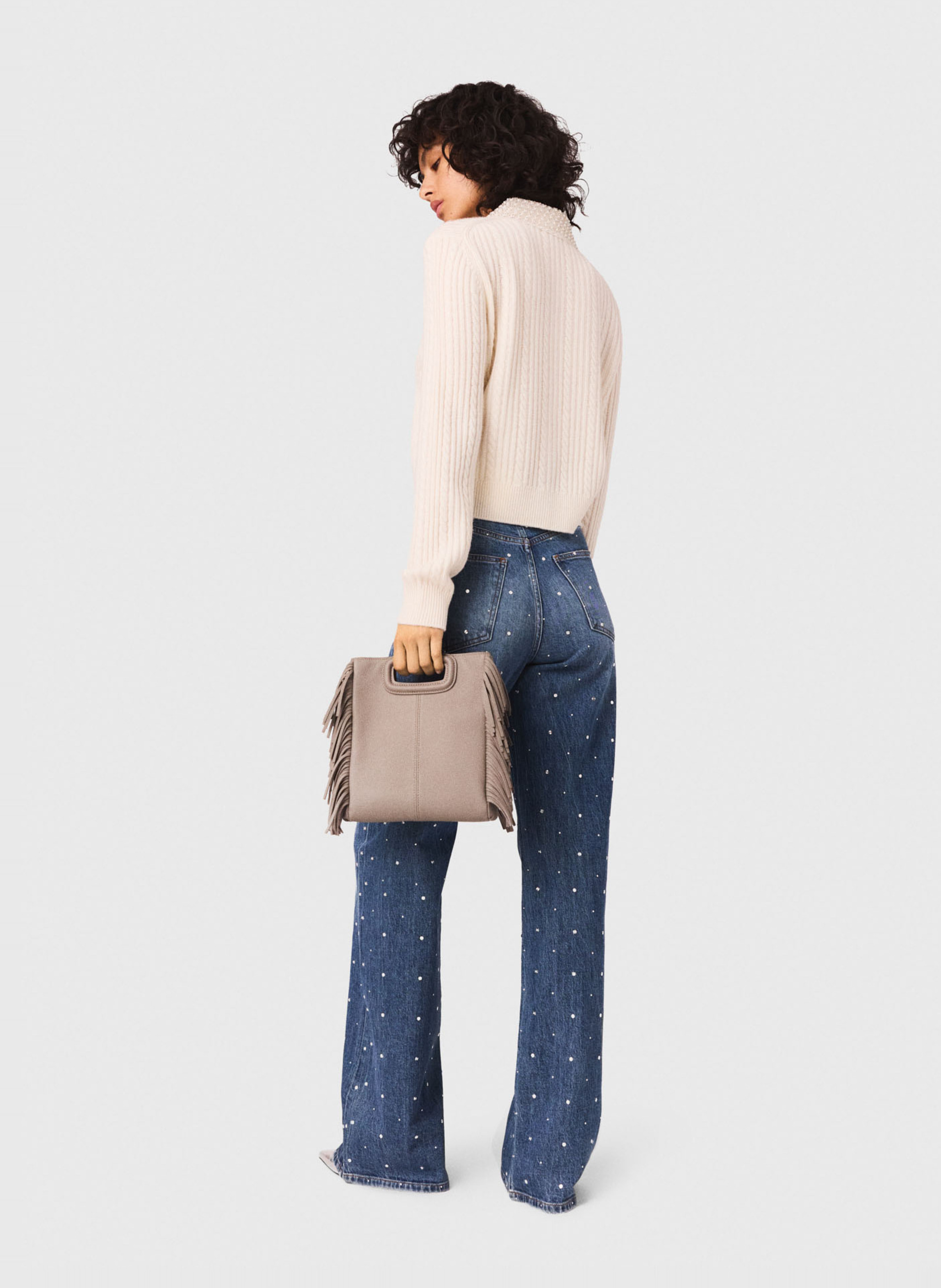 Cardigan en maille tressée avec strass Beige