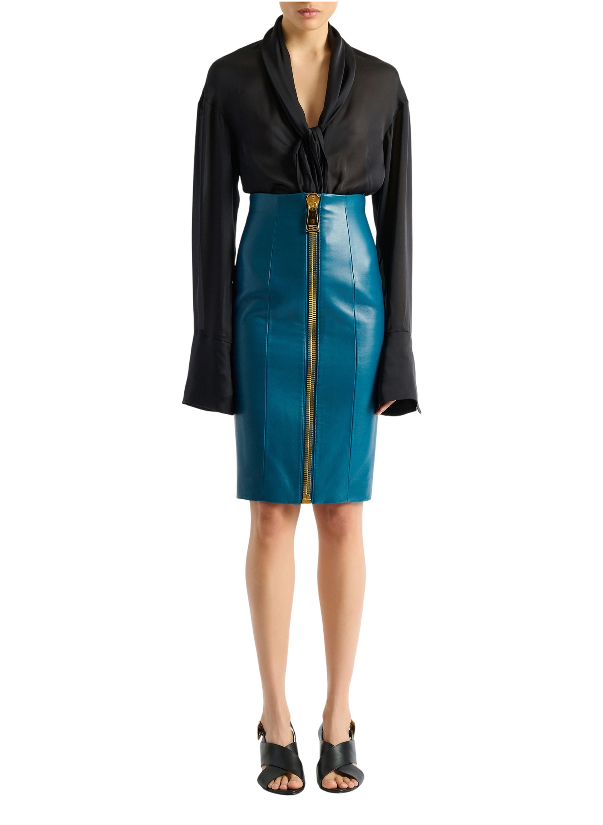 Jupe zippée en cuir d’agneau BALMAIN Bleu