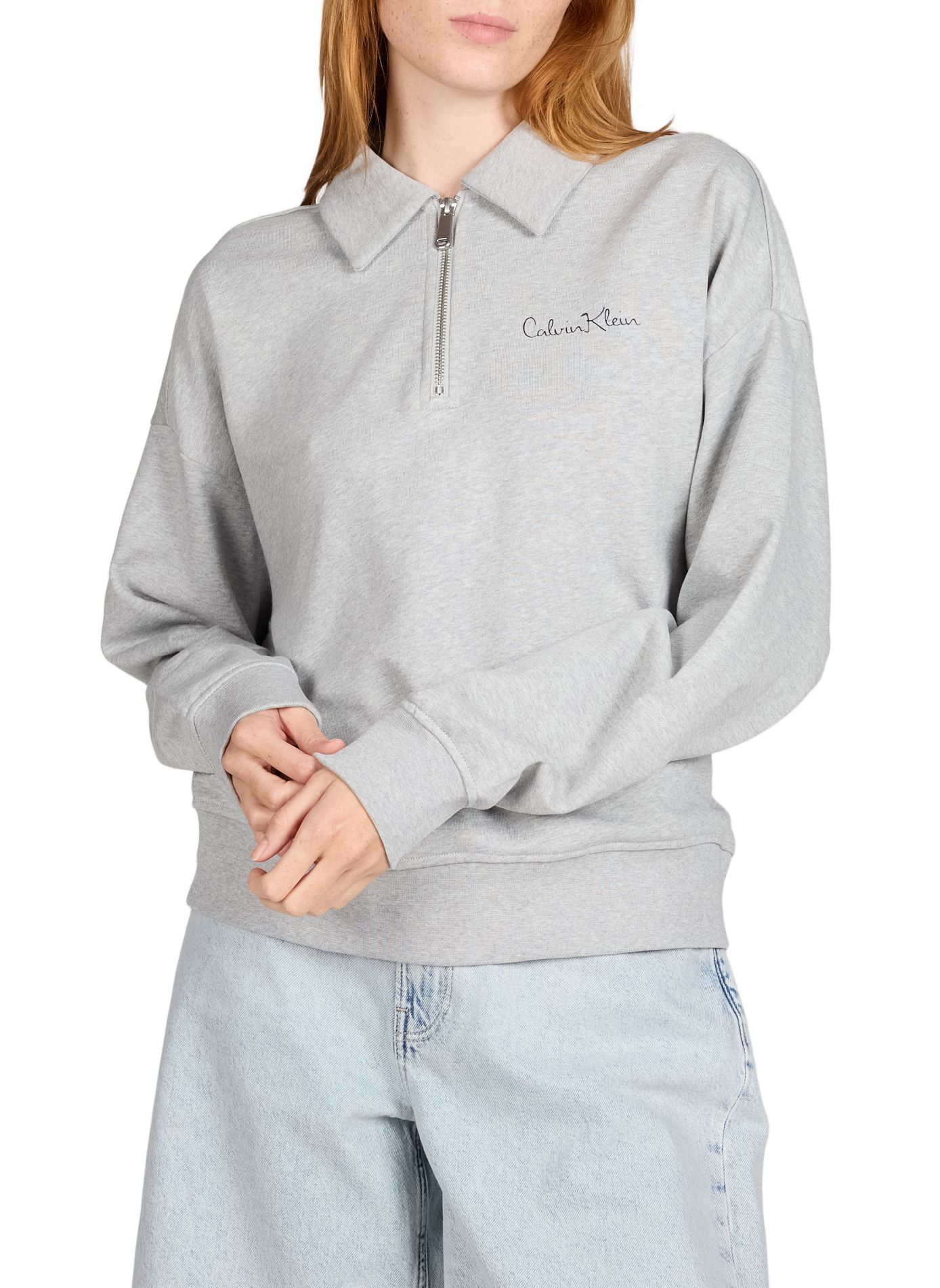 Zip-neck cotton blend sweater CALVIN KLEIN Grey