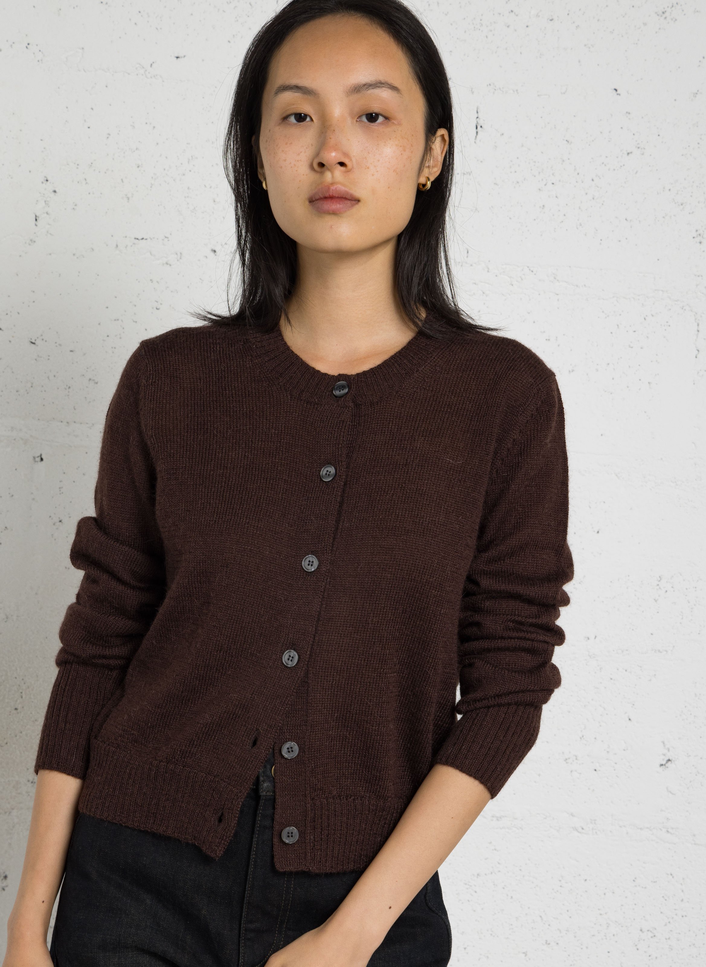 Gilet droit col rond en laine mérinos et alpaga griffith SOEUR Marron