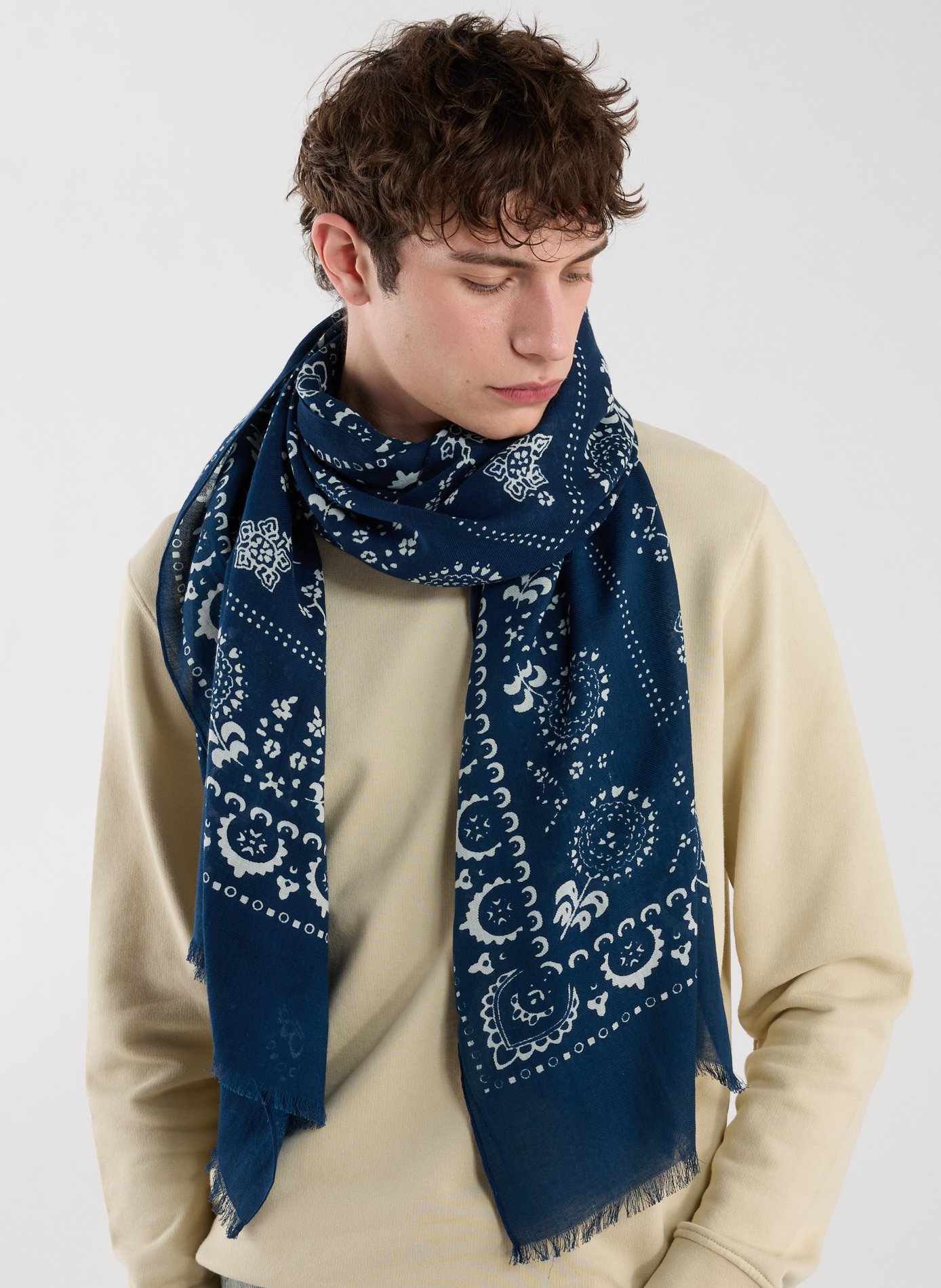 Printed cotton and wool scarf SAISON 1865 Blue