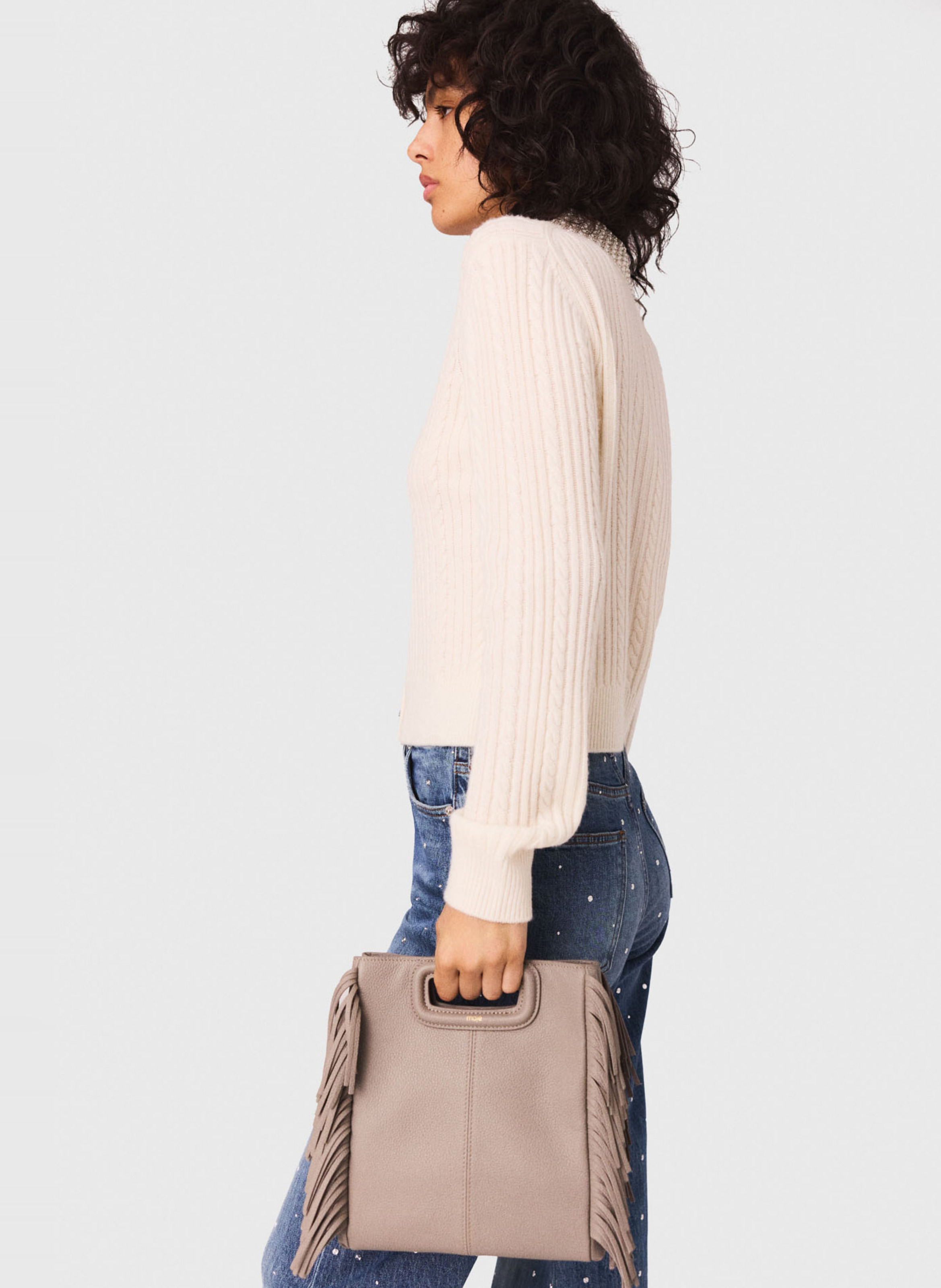 Cardigan en maille tressée avec strass Beige