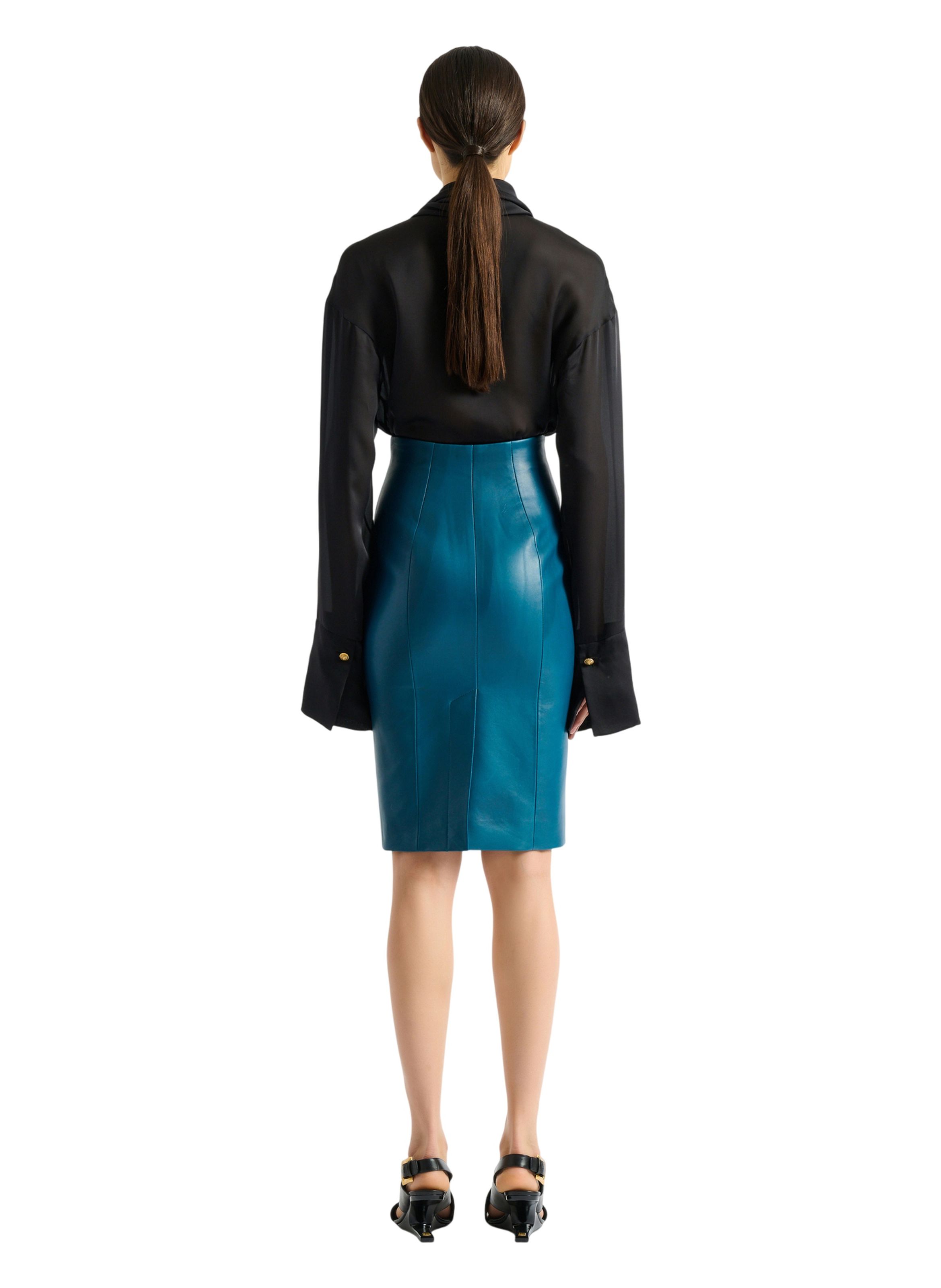 Jupe zippée en cuir d’agneau BALMAIN Bleu