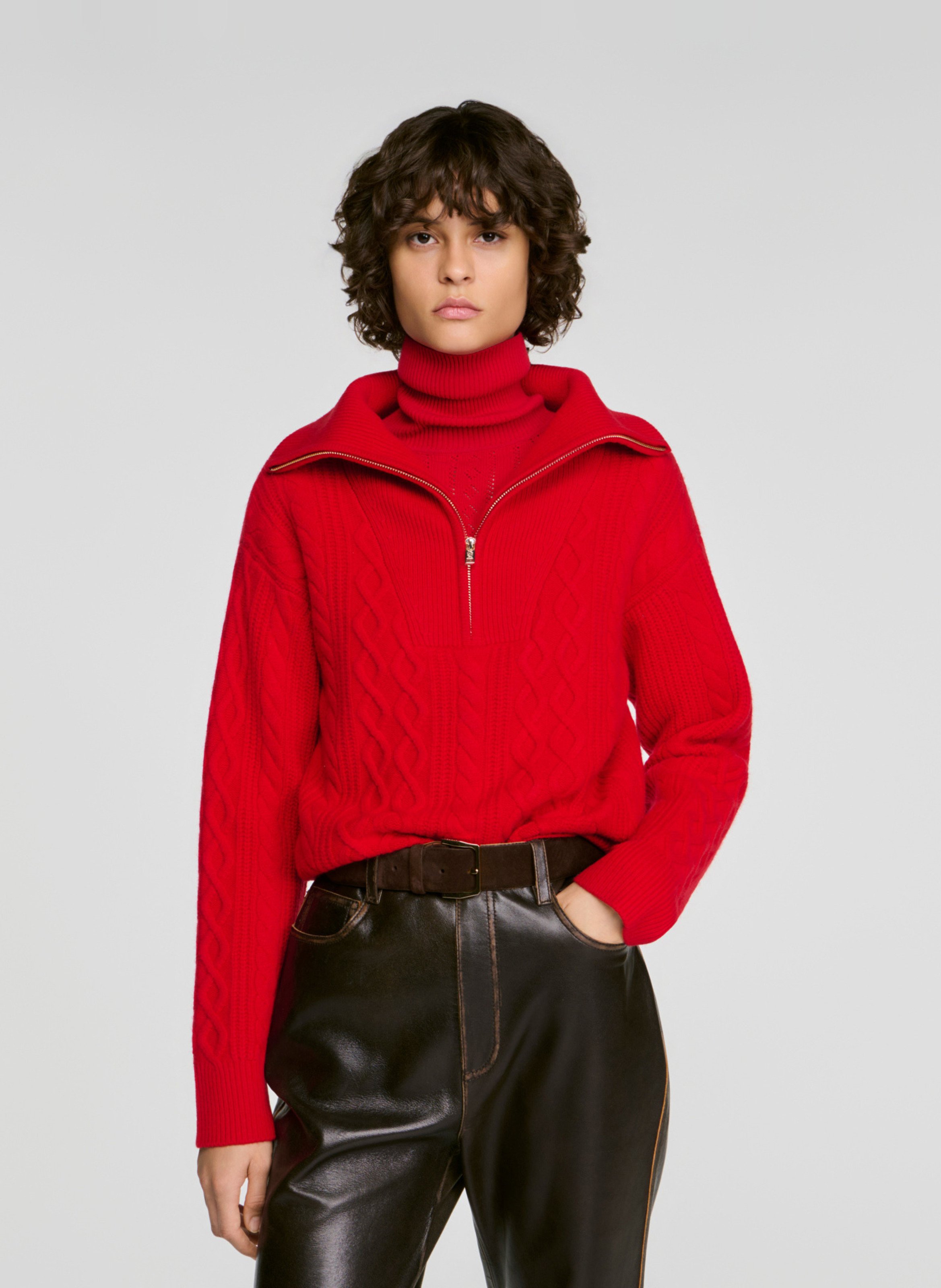 Pull ample col camionneur en laine SANDRO Rouge