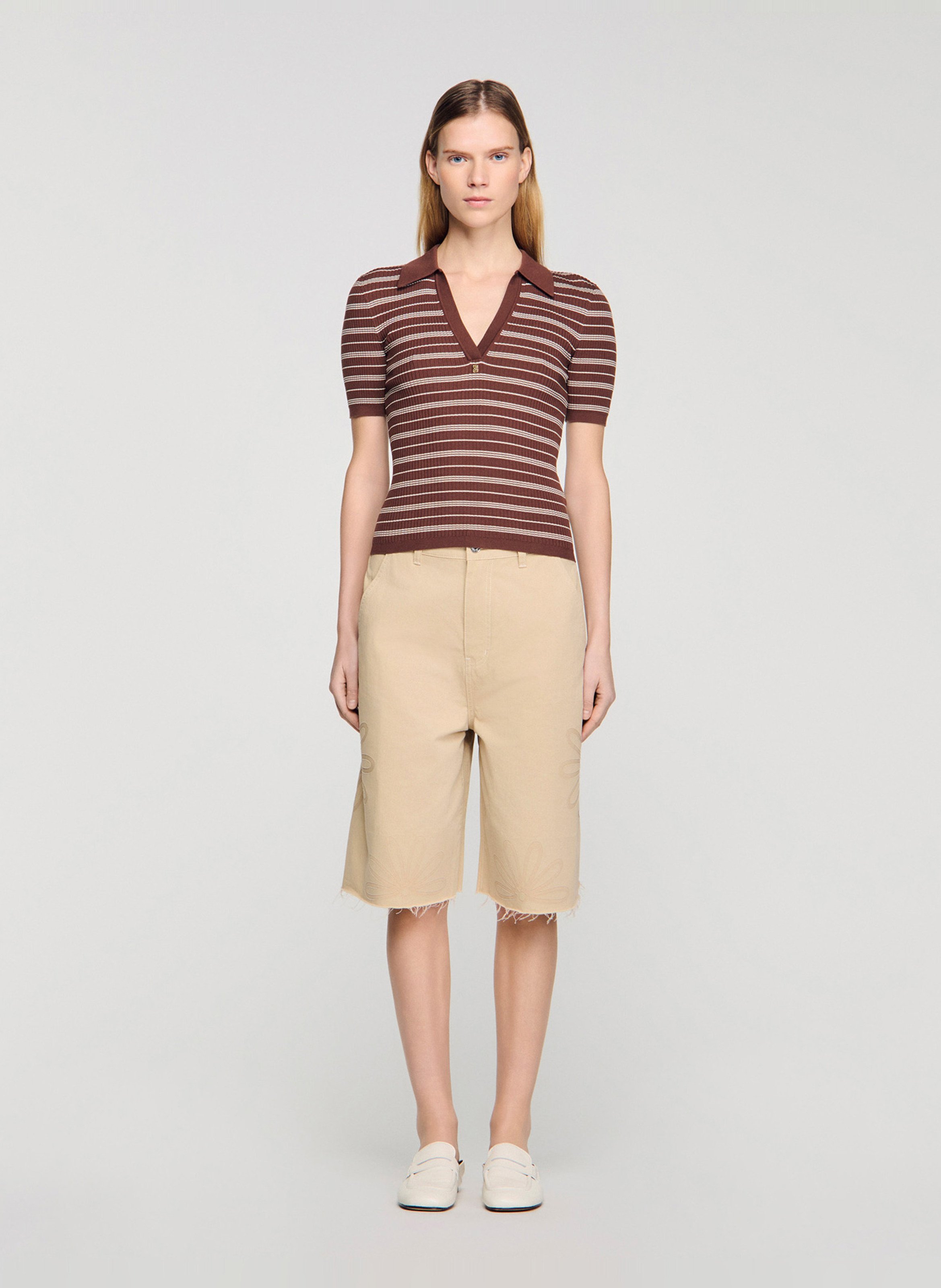 Polo droit rayé SANDRO Marron