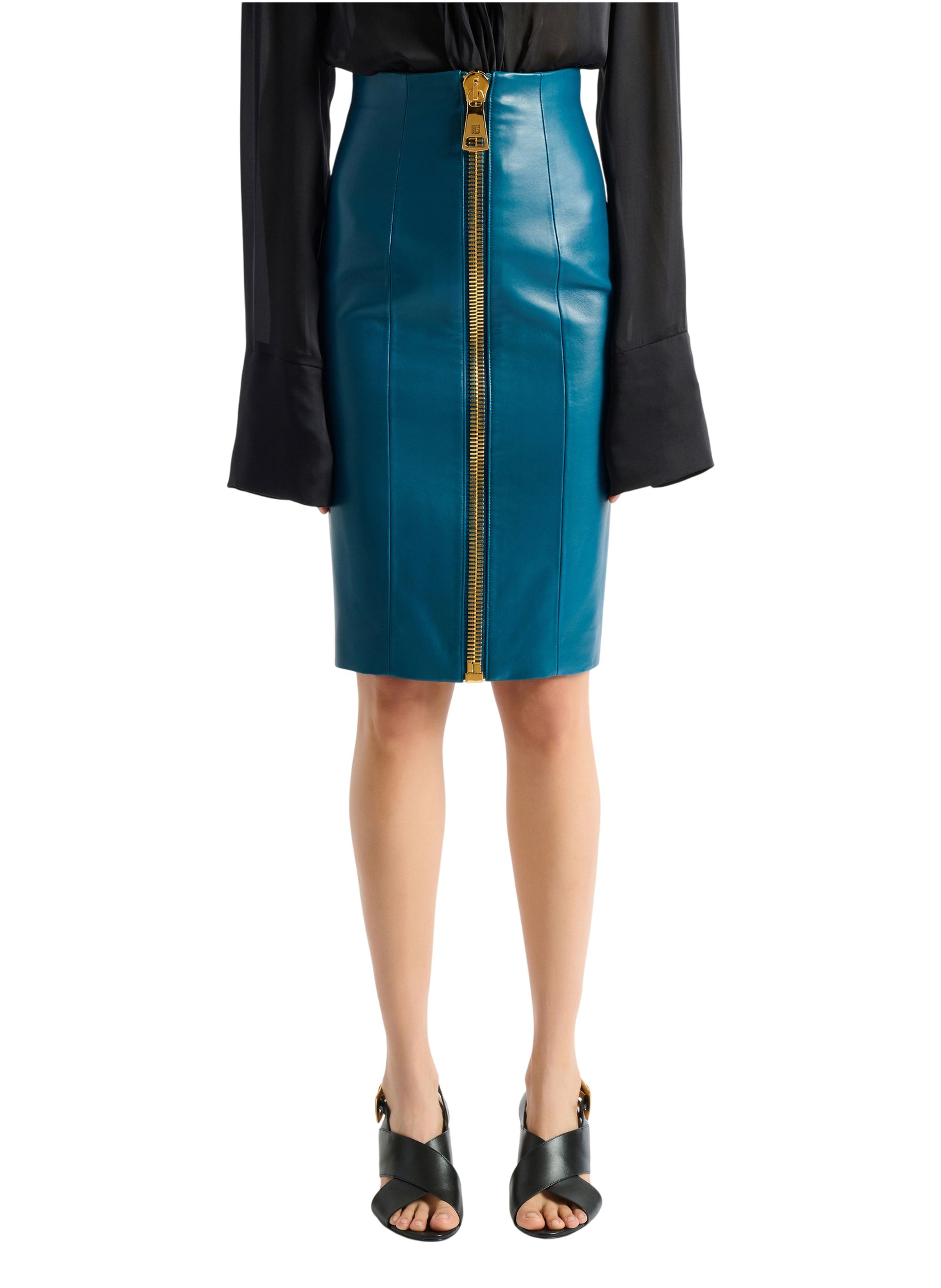 Jupe zippée en cuir d’agneau BALMAIN Bleu