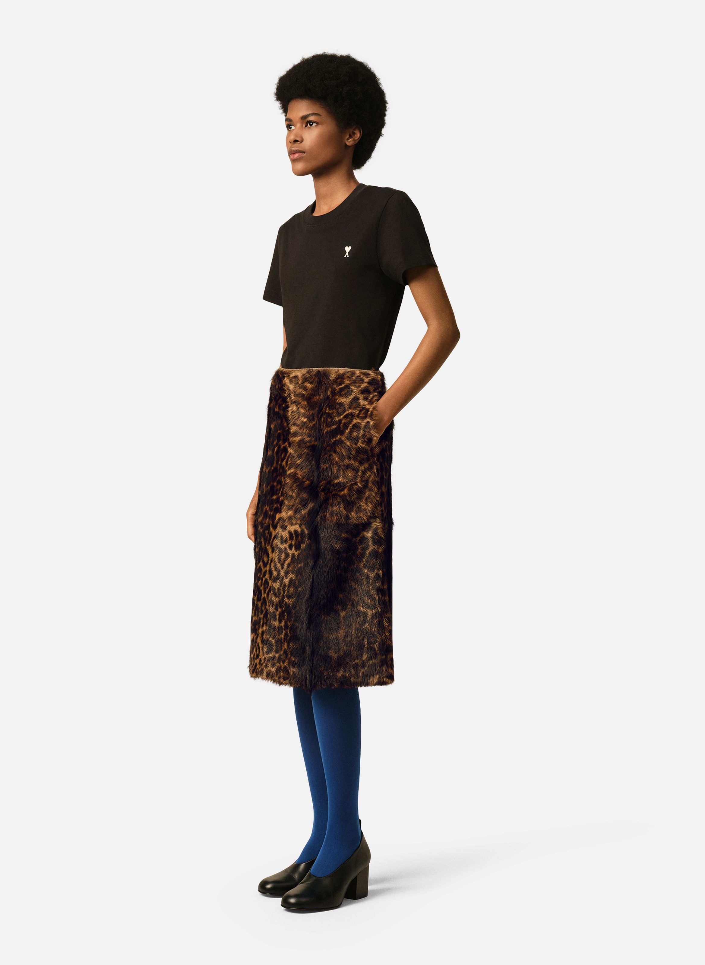 Jupe midi imprimé léopard en cuir de chèvre AMI PARIS Marron