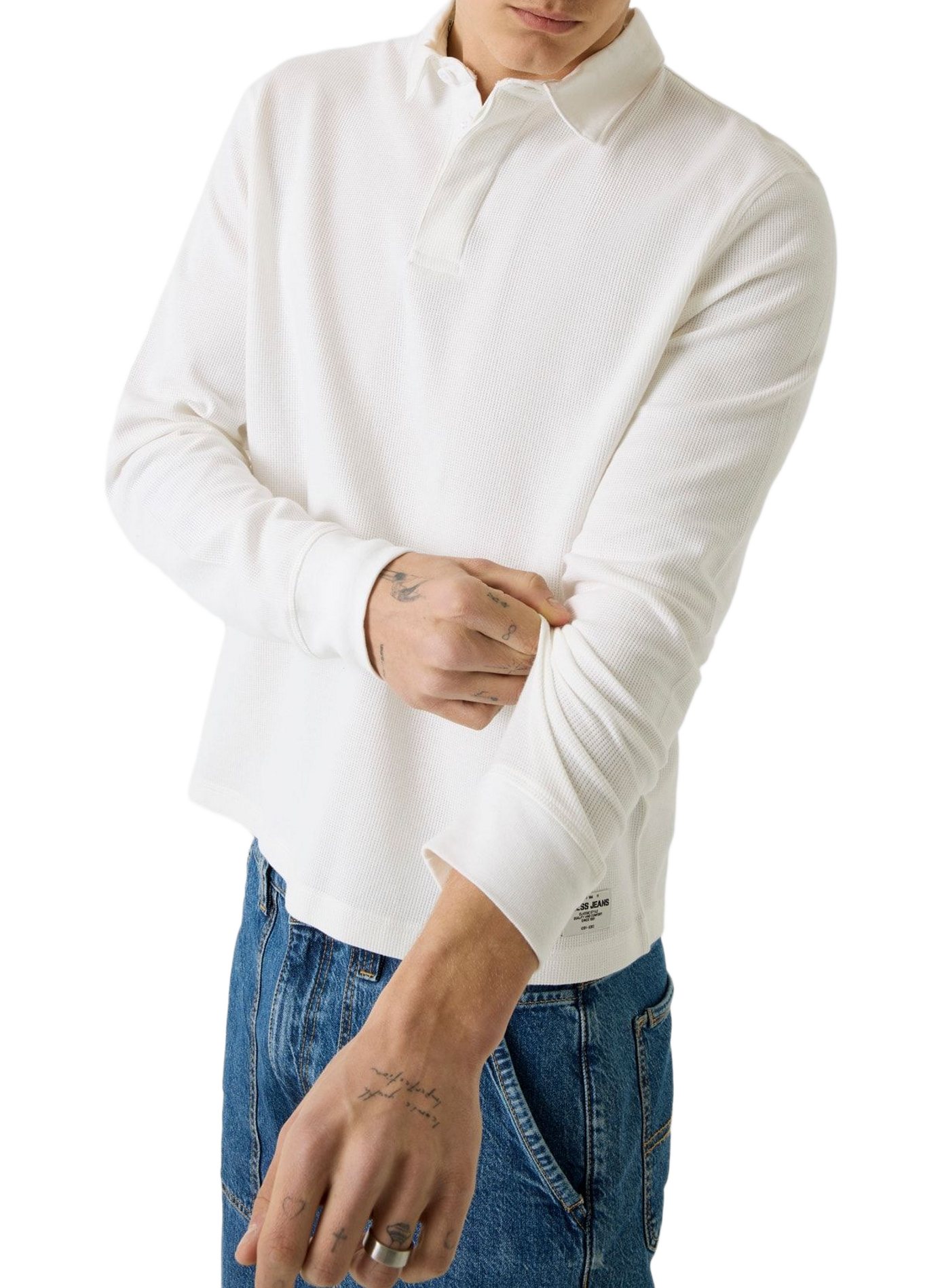 Ribbed straight fit long-sleeve cotton blend polo GUESS White