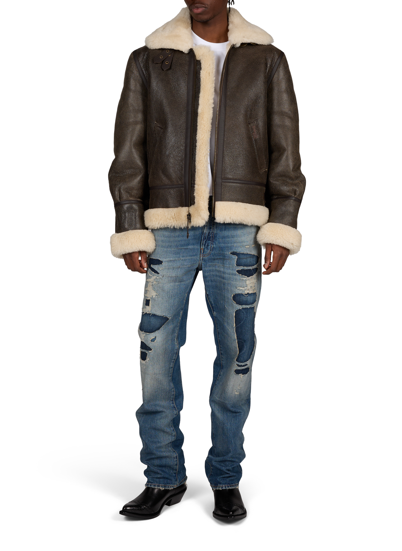 Sheepskin leather bomber jacket SCHOTT Brown