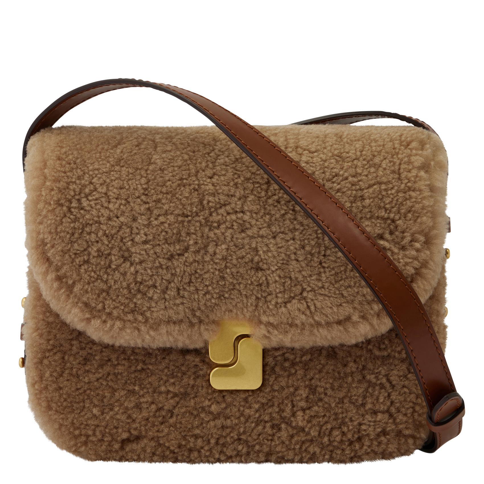 Sac bi-matière en cuir glacé et shearling bellissima mini SOEUR Marron