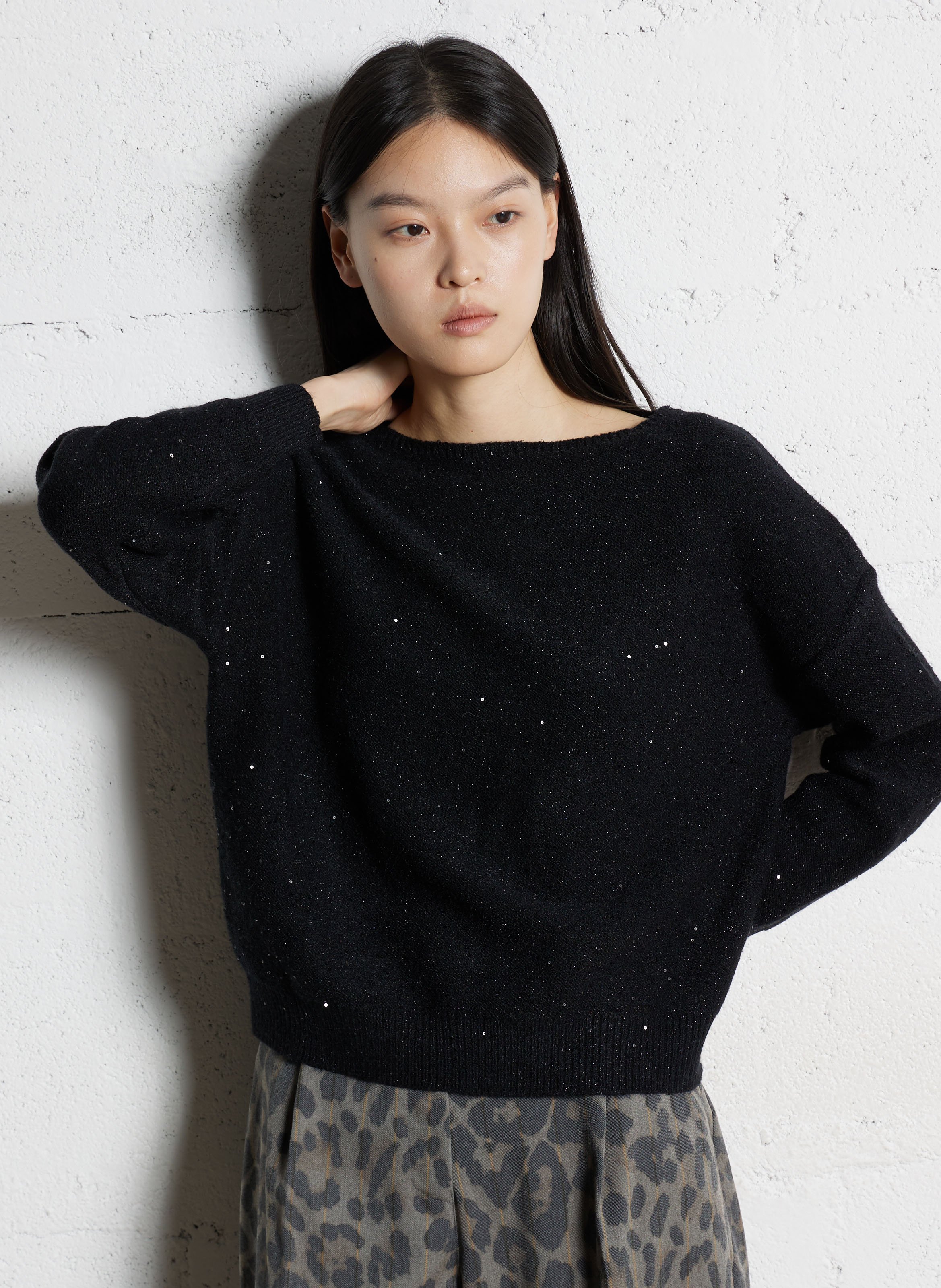 MAISON 123 Pull col bateau à broderies sequins blake Noir