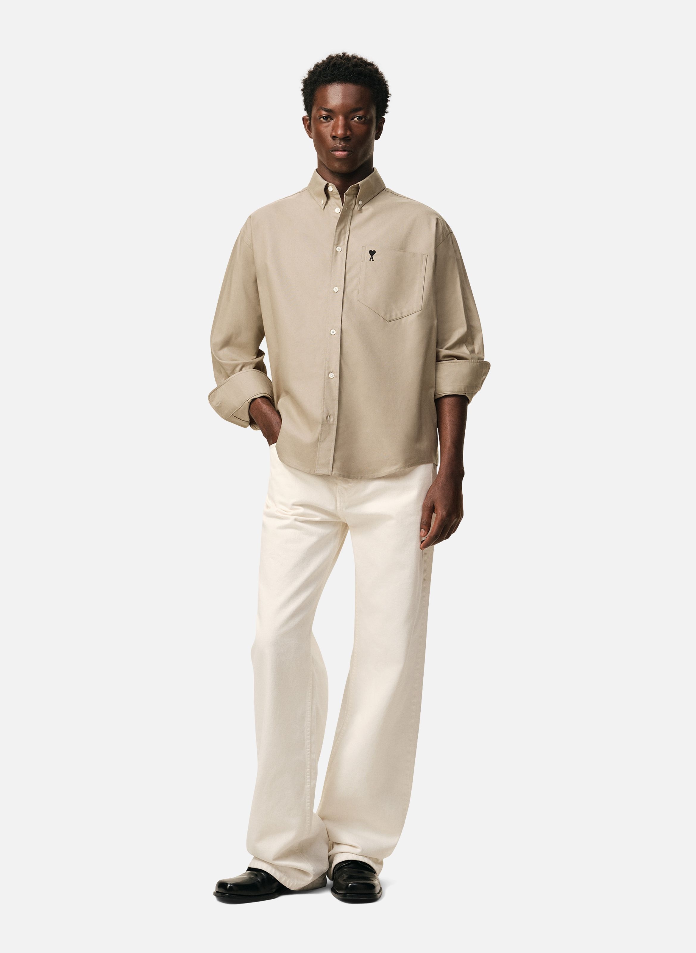 Chemise boxy ami de coeur brodé en coton AMI PARIS Beige