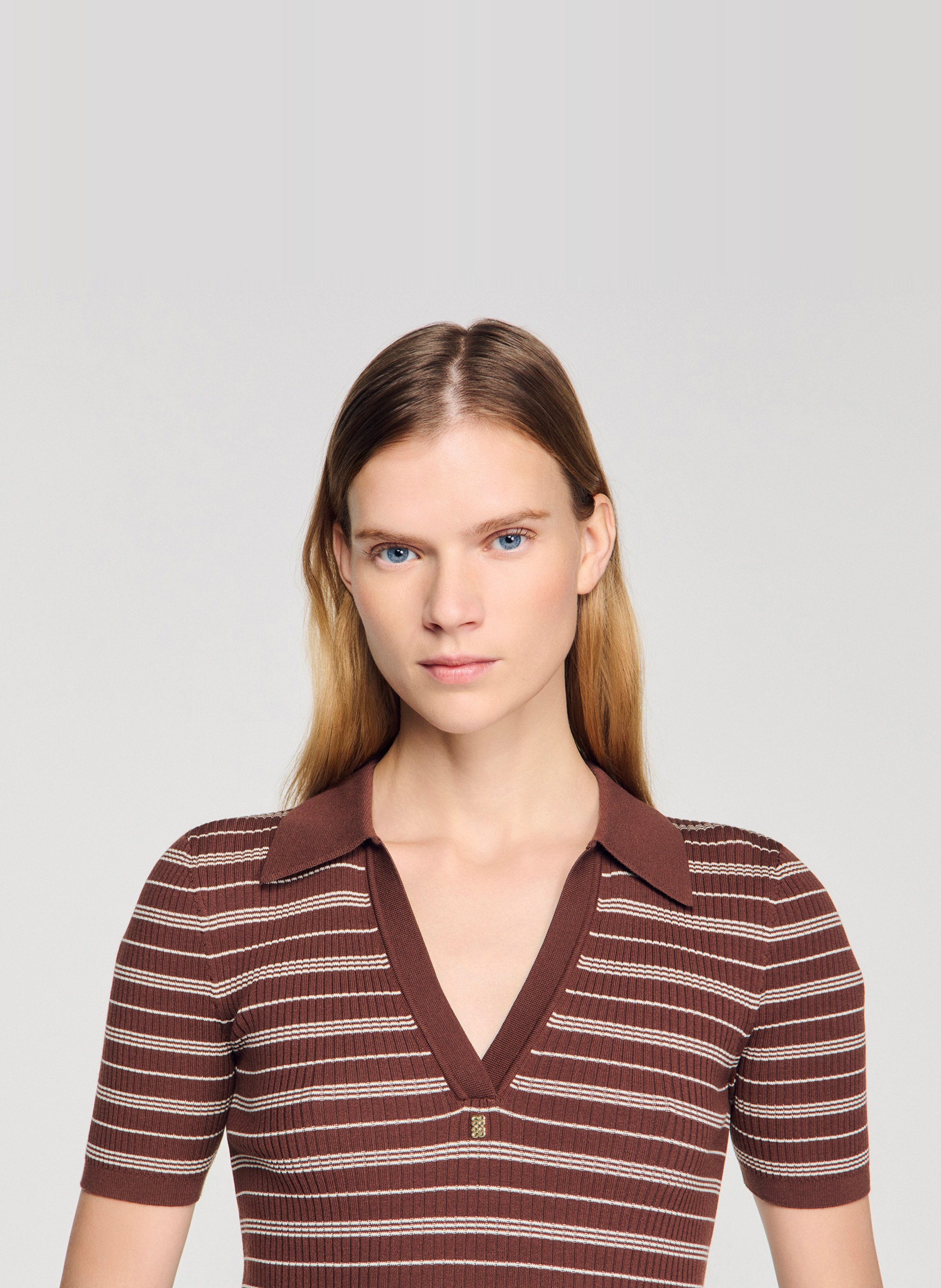 Polo droit rayé SANDRO Marron