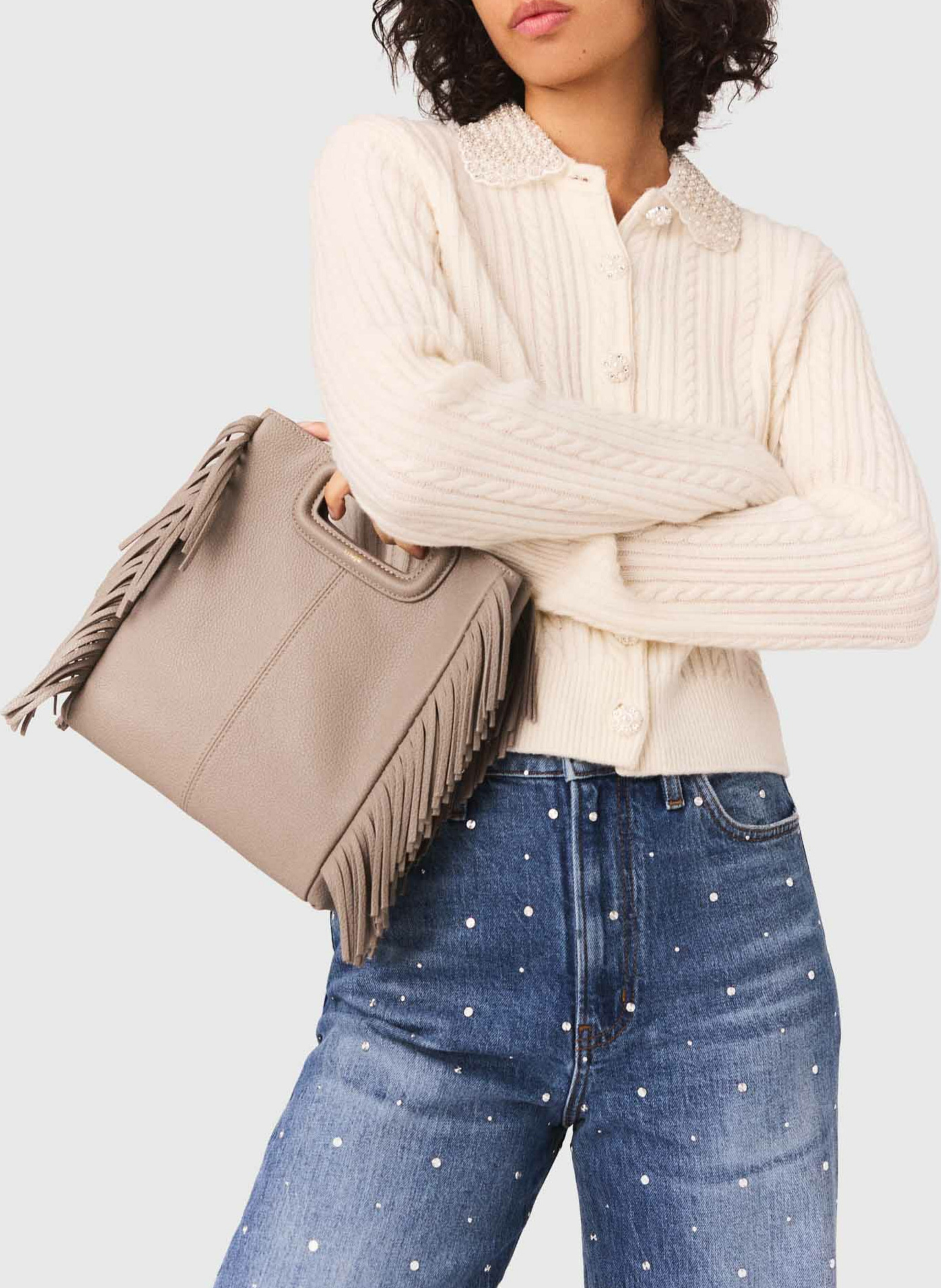 Cardigan en maille tressée avec strass Beige