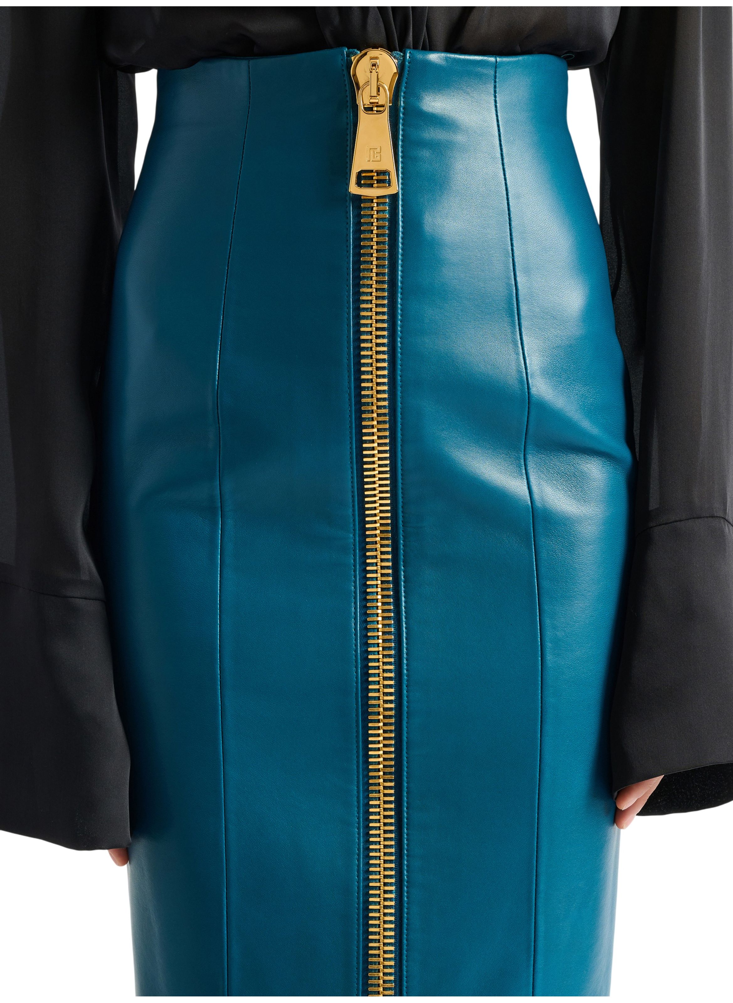 Jupe zippée en cuir d’agneau BALMAIN Bleu