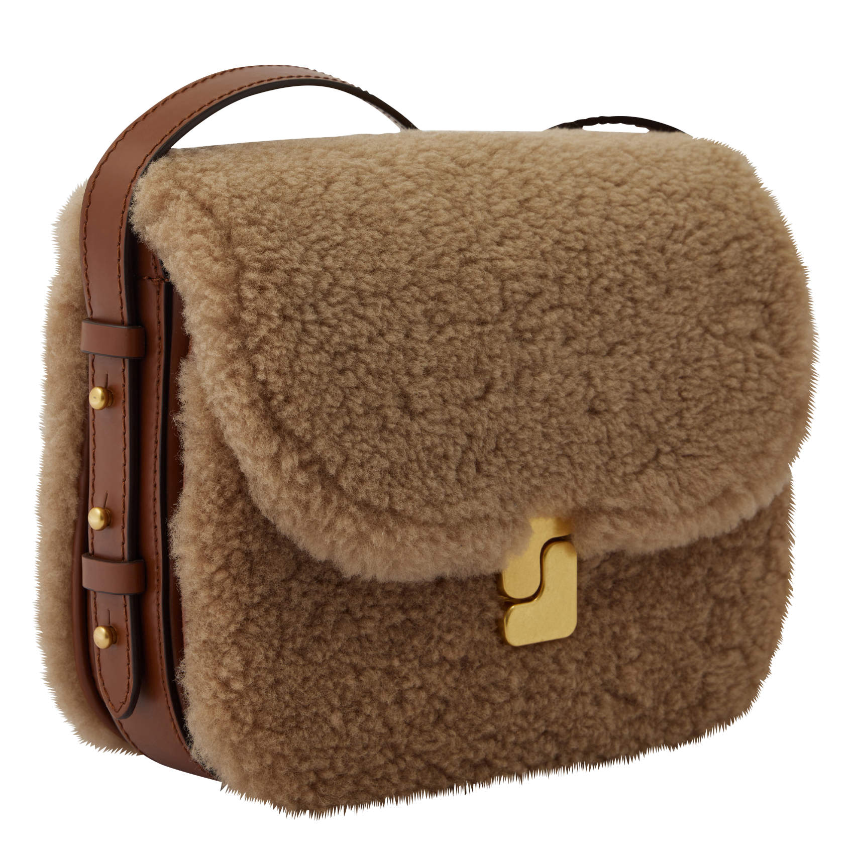 Sac bi-matière en cuir glacé et shearling bellissima mini SOEUR Marron