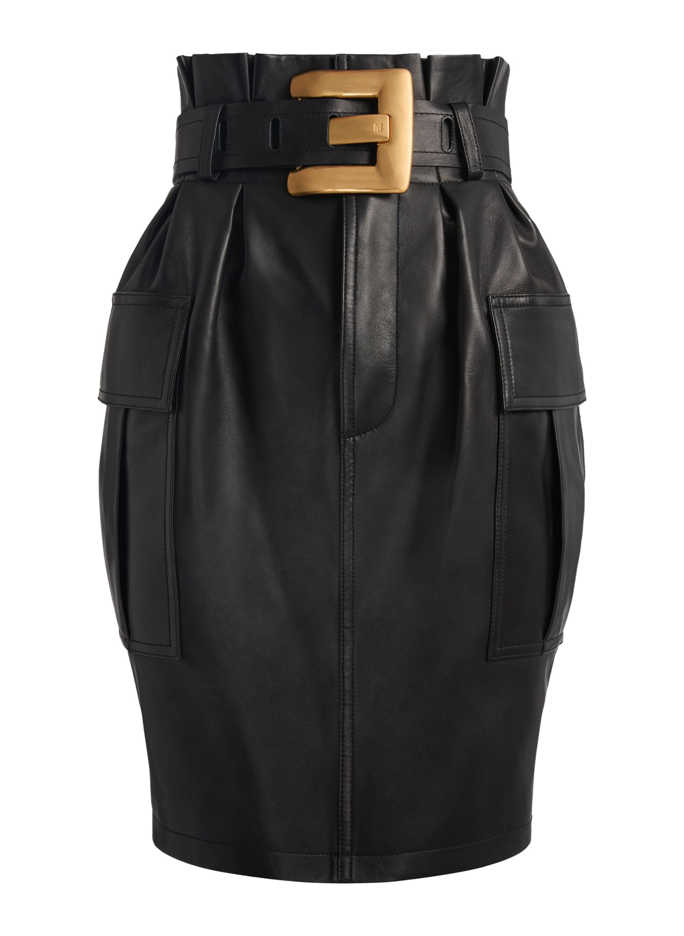 Jupe ceinturée en cuir d’agneau BALMAIN Noir
