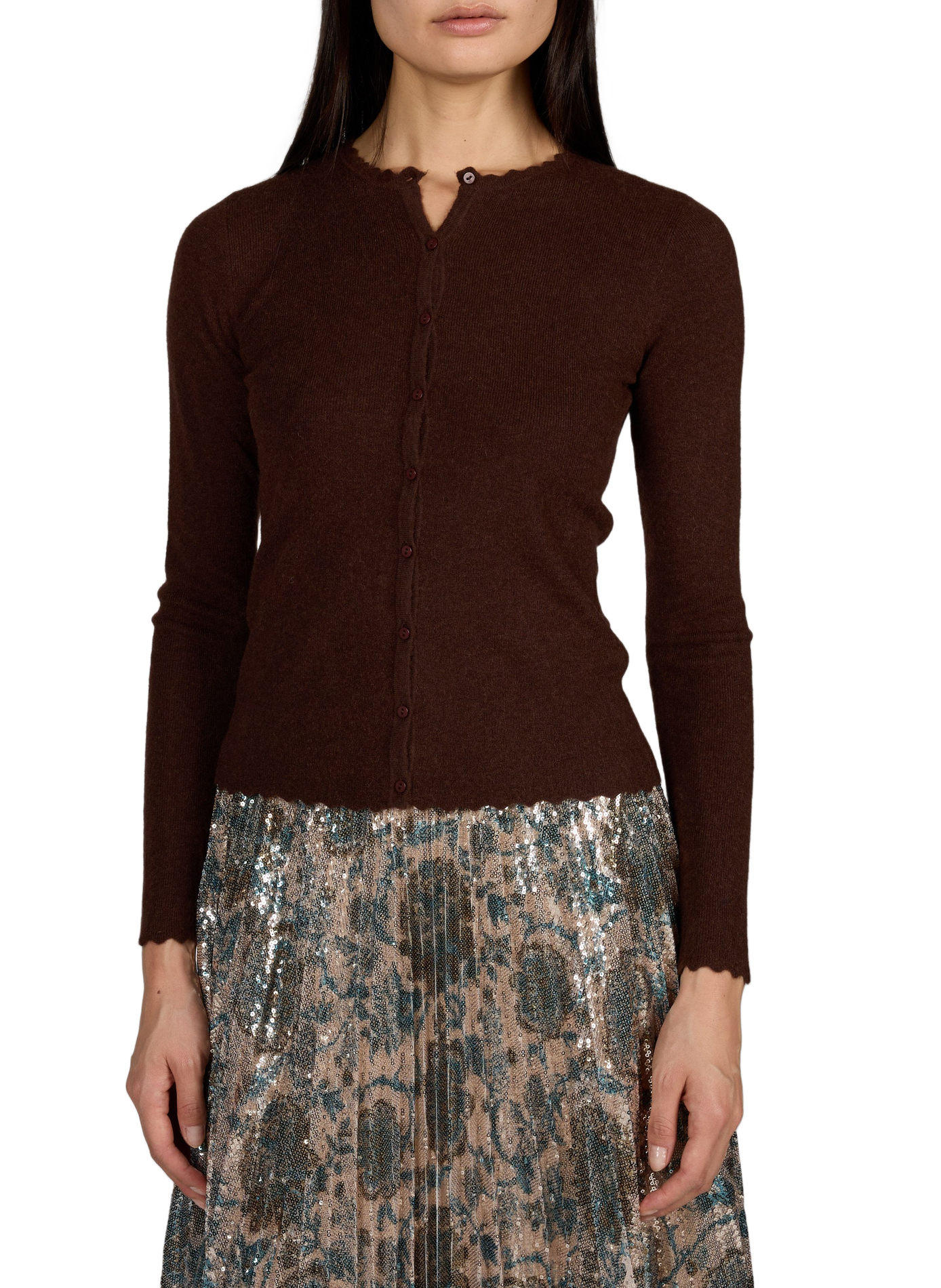 Maud straight round neck buttoned cardigan PETITE MENDIGOTE Brown