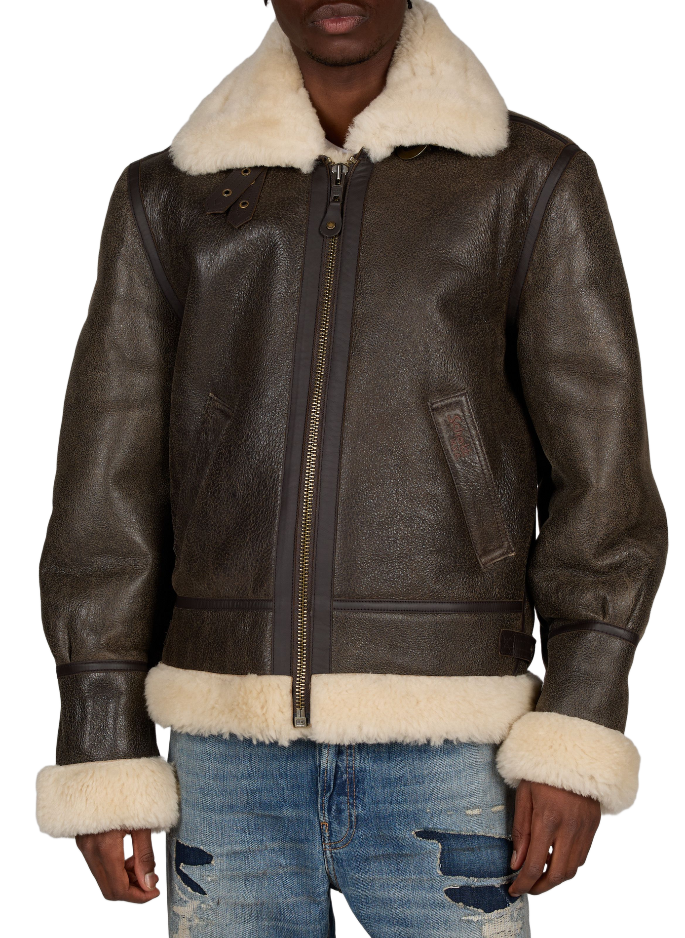 Sheepskin leather bomber jacket SCHOTT Brown