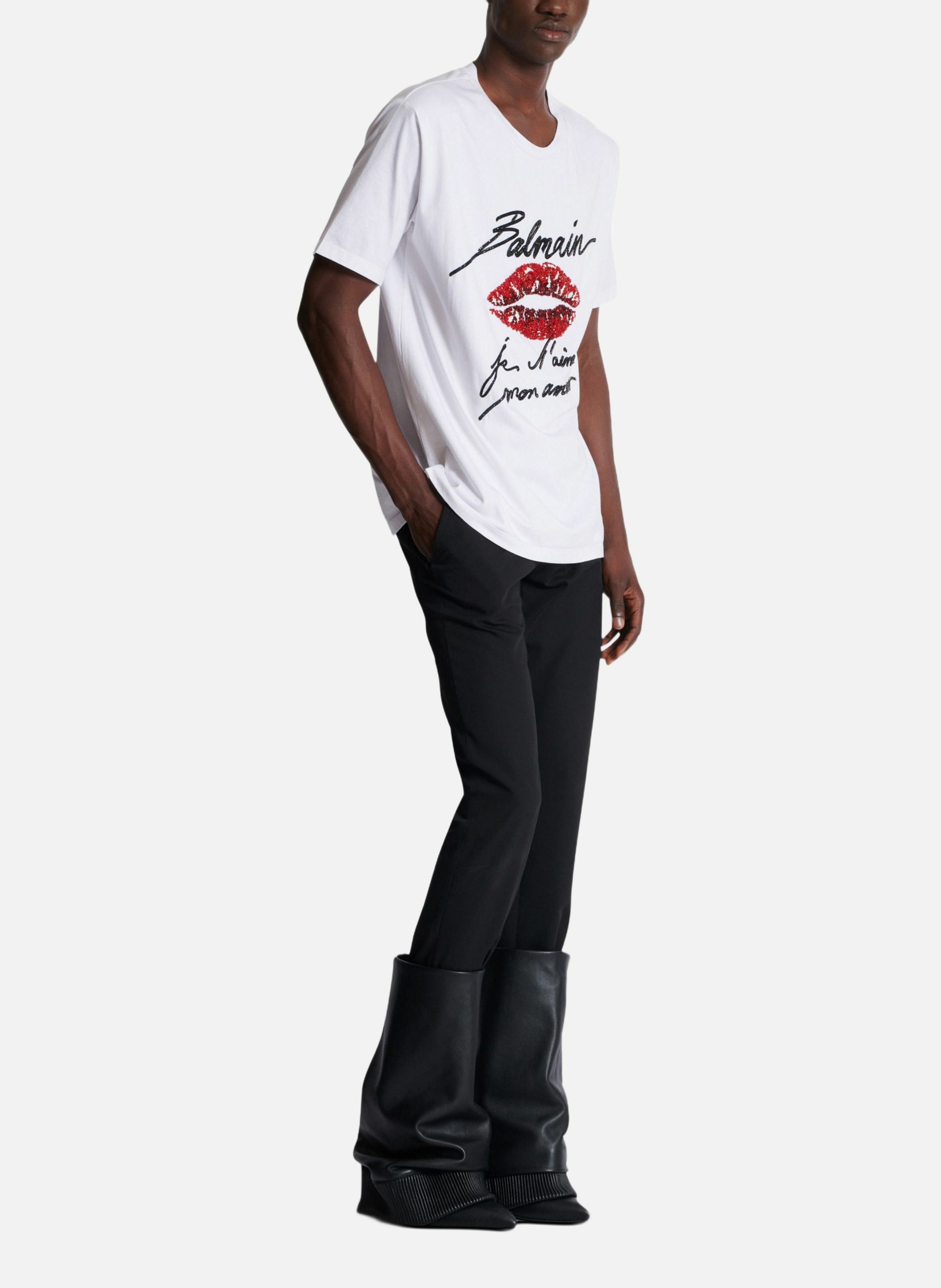 T-shirt brodé balmain « lettre d'amour » et lips BALMAIN Blanc