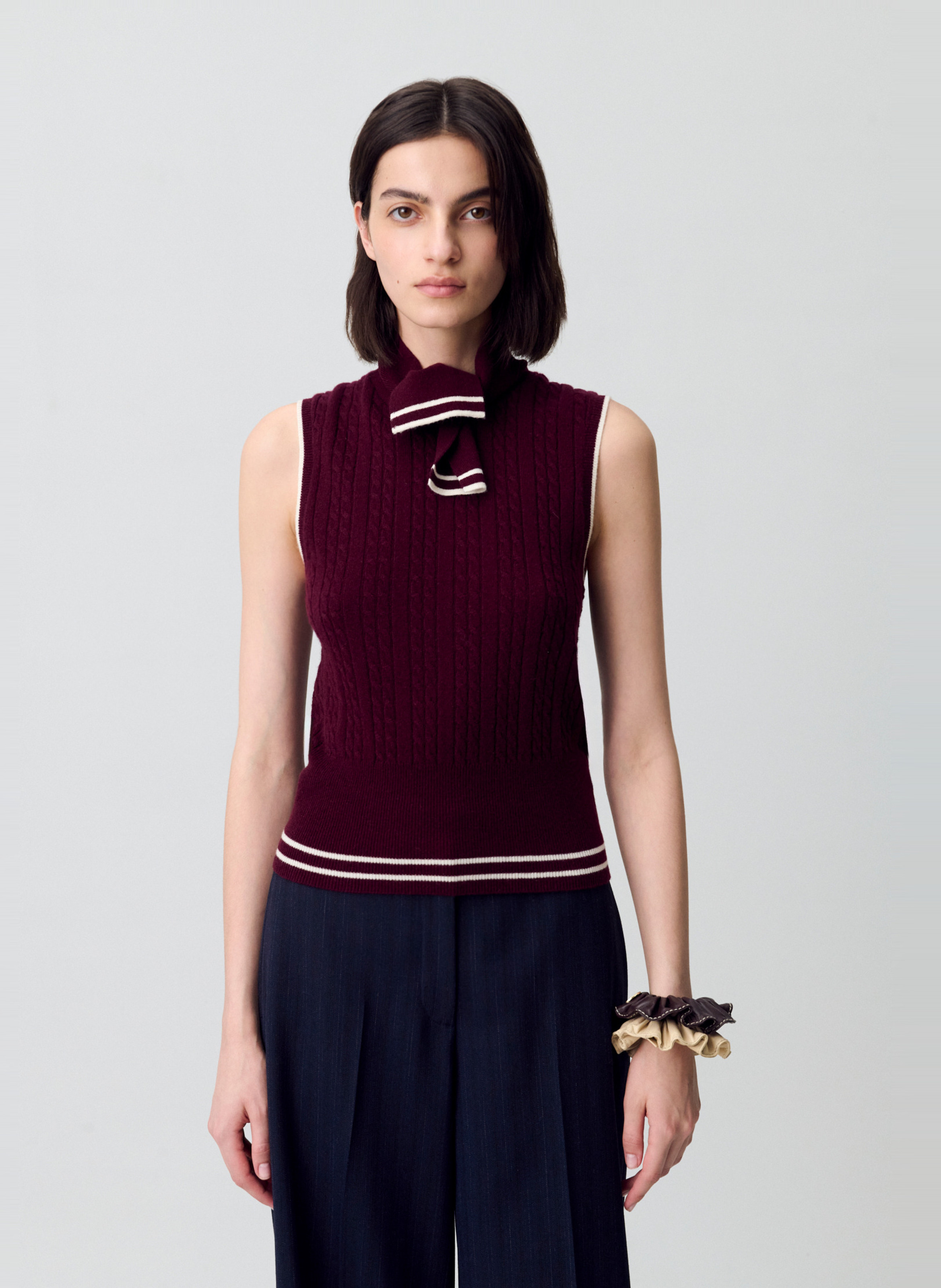 Pull col foulard en maille sans manches madame  Bordeaux