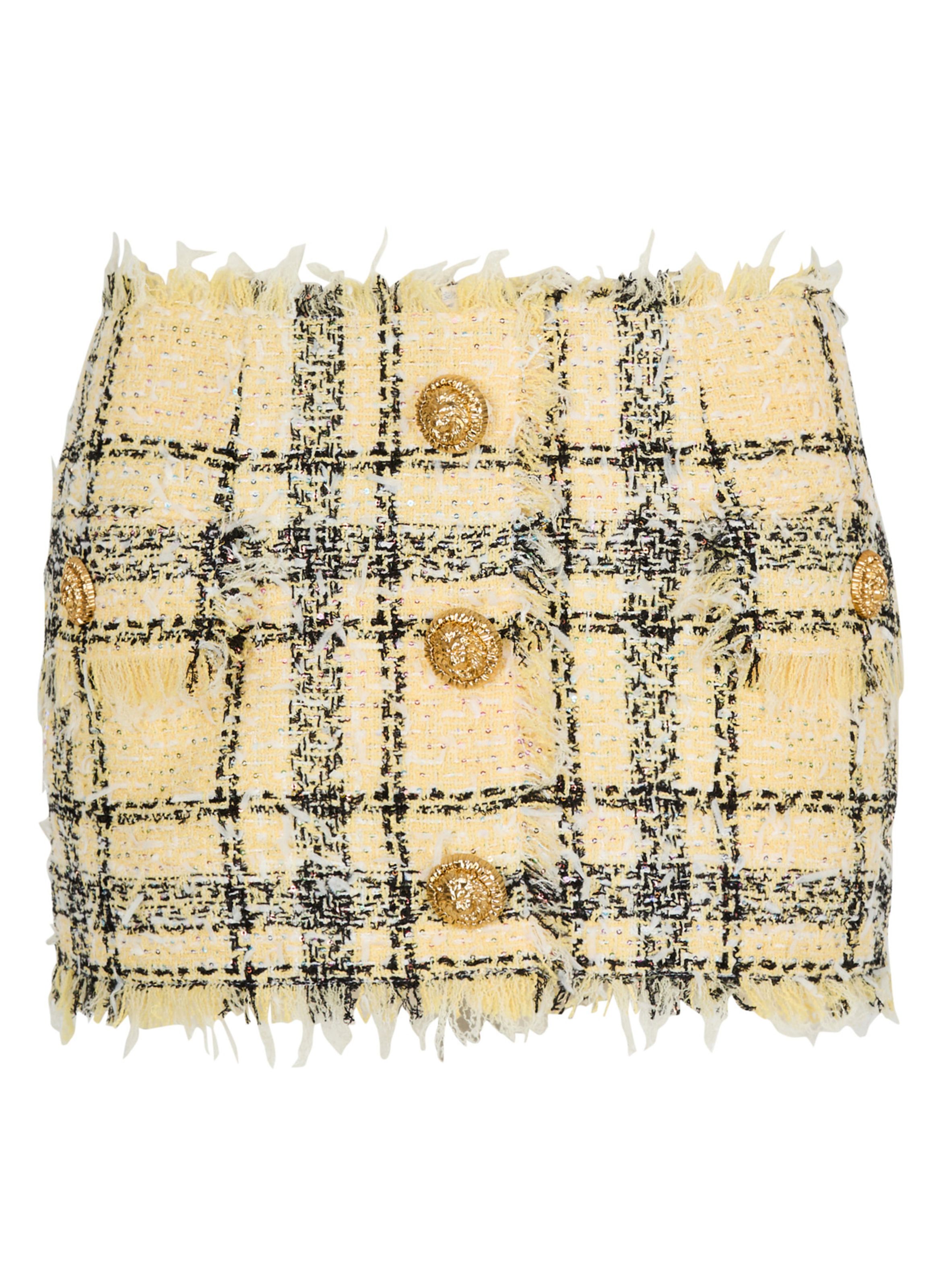 Jupe courte en tweed à paillettes BALMAIN Jaune
