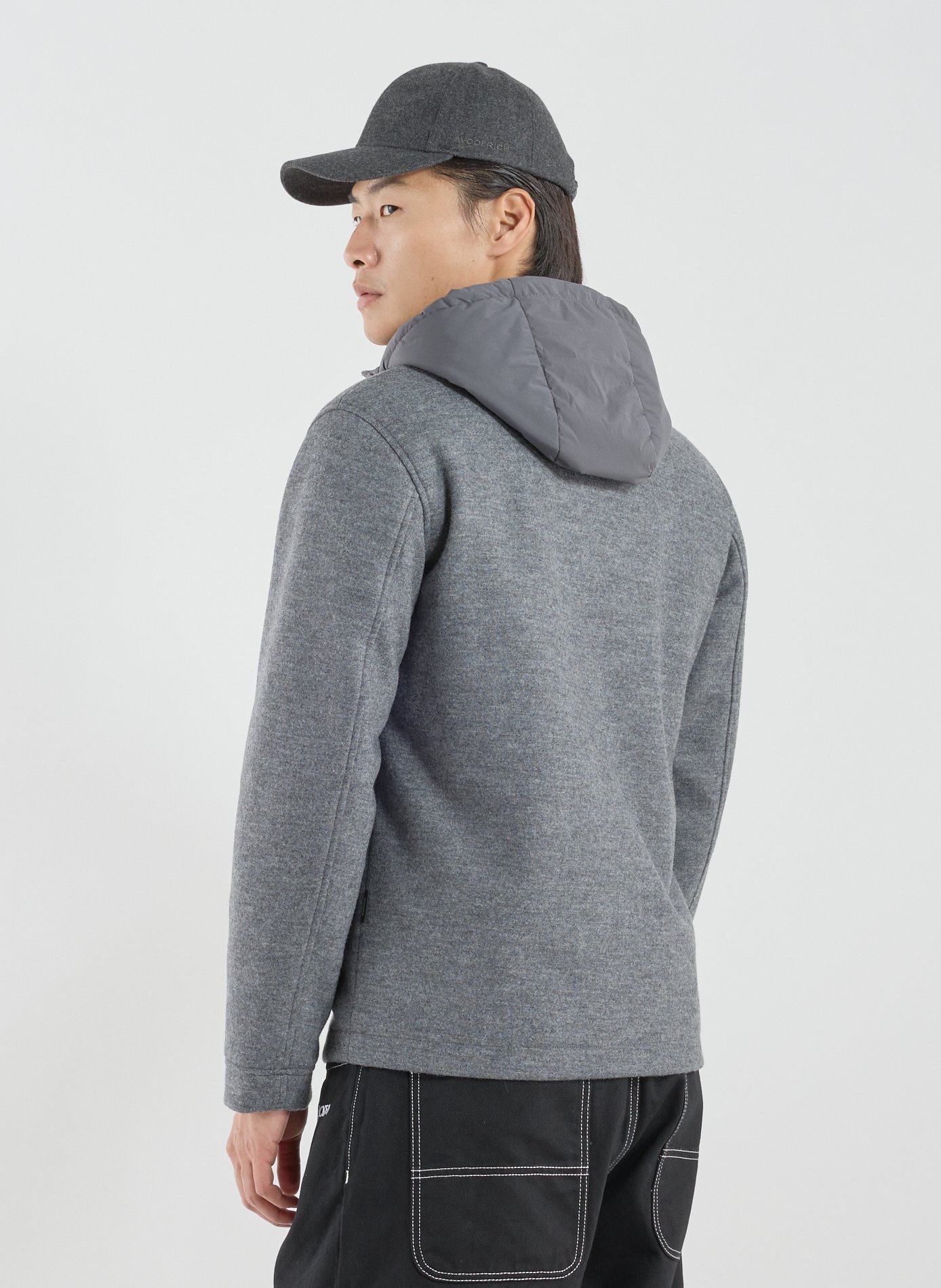 Hooded jacket in blended wool and cotton. WOOLRICH Grey